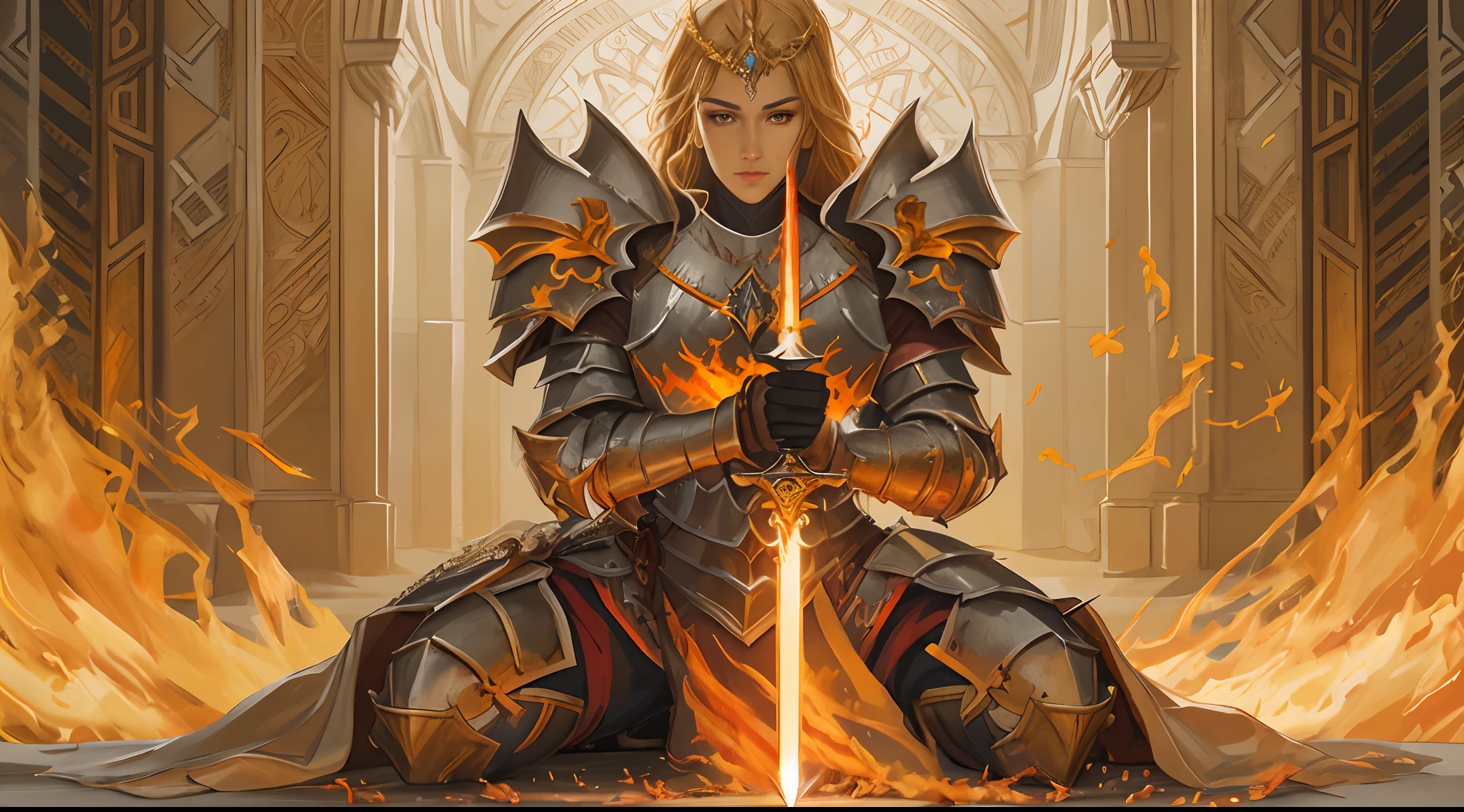 An armored paladin woman kneeling on one knee holding a flaming sword, abstract beauty, Centered, Looking at the camera, Facing the camera, nearing perfection, Dynamic, Highly detailed, smooth, Sharp focus, 8K, high definition resolution, illustration, adobe illustrator, Art by Ramil Sunga, Casper Konefal, Nick Thornborrow, and Matt Rhodes