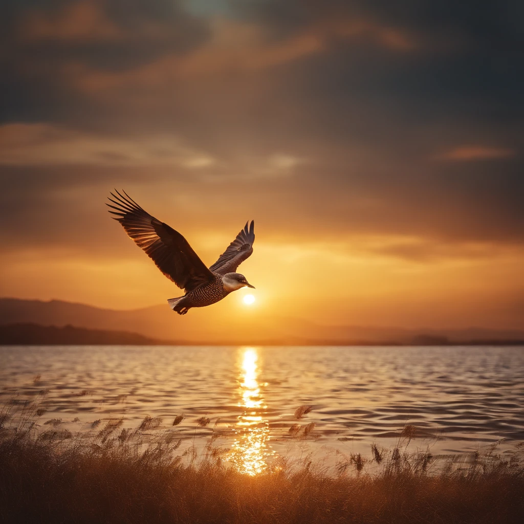 k hd,The sunset and the lonely birds fly together,The autumn water is the same for a long time,Soft gold tones depict the horizon of water and sky,IMAGE IN 2560X1440 PIXEL FORMAT