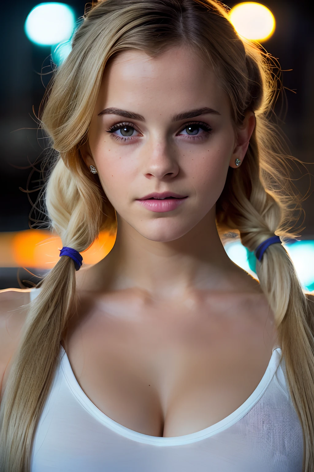 adult Emma Watson, cosplay on Hermione, (taking selfies, Overhead view: 1,4), (straight half of the torso: 1,4), Portrait photo of a 24-year-old blonde in RAW UHD format (Blue-eyed woman), pigtails, Haircut for a boy , Walk down the dark alley, natutal breasts_b, night city, ( tactical clothes), (décolleté), in detail (textures!, hairsh!, glistering, a color!!, imperfections: 1.1), highly detailed glossy eyes, (is looking at the camera), specular lighting, DSLR camera, ultra quality, sharp-focus, sharpness, Depth of field, film grains, (centred), Fujifilm XT3, Crystal clear, big breastes, naked torso, The center of the frame, pretty face, sharp-focus, street lamp, neon lights, bokeh, (dimly lit), Low key, in night, (night  sky ) detailed skin pores, oiled skin, suntan, Complex eye details