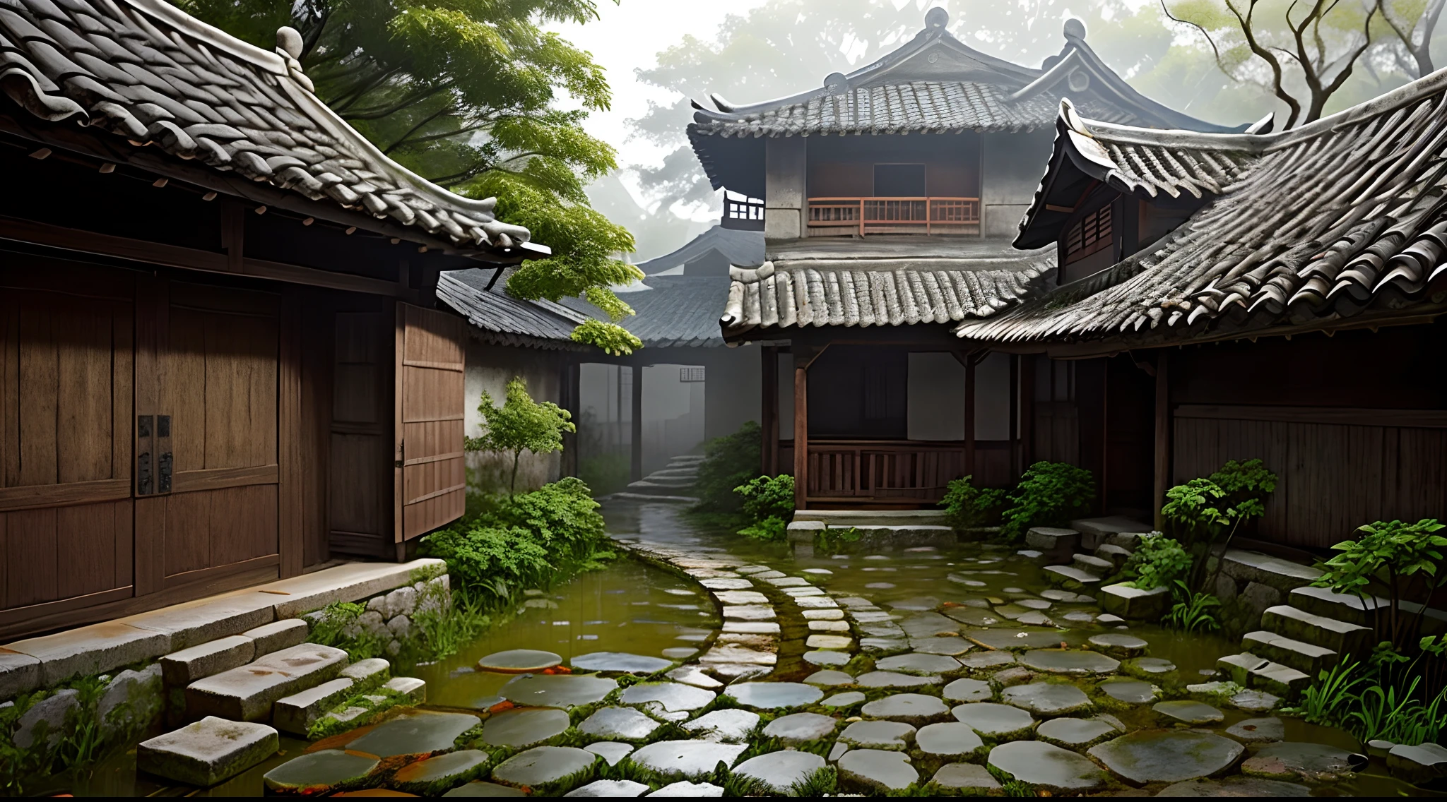 Chuva e chuva,outonal, Stone paths in wetlands,Old house in Jiangnan courtyard, An old tree with persimmon,(Caqui pendurado em galhos:1.1),Huijiangnan style architectural courtyard,smoke and hazy rain,nevoeiro fino,encharcado,Senso de Idade,The backyard is the main shooting effect,Very obvious details,Efeitos de disparo HD,SLR Shooting Camera。