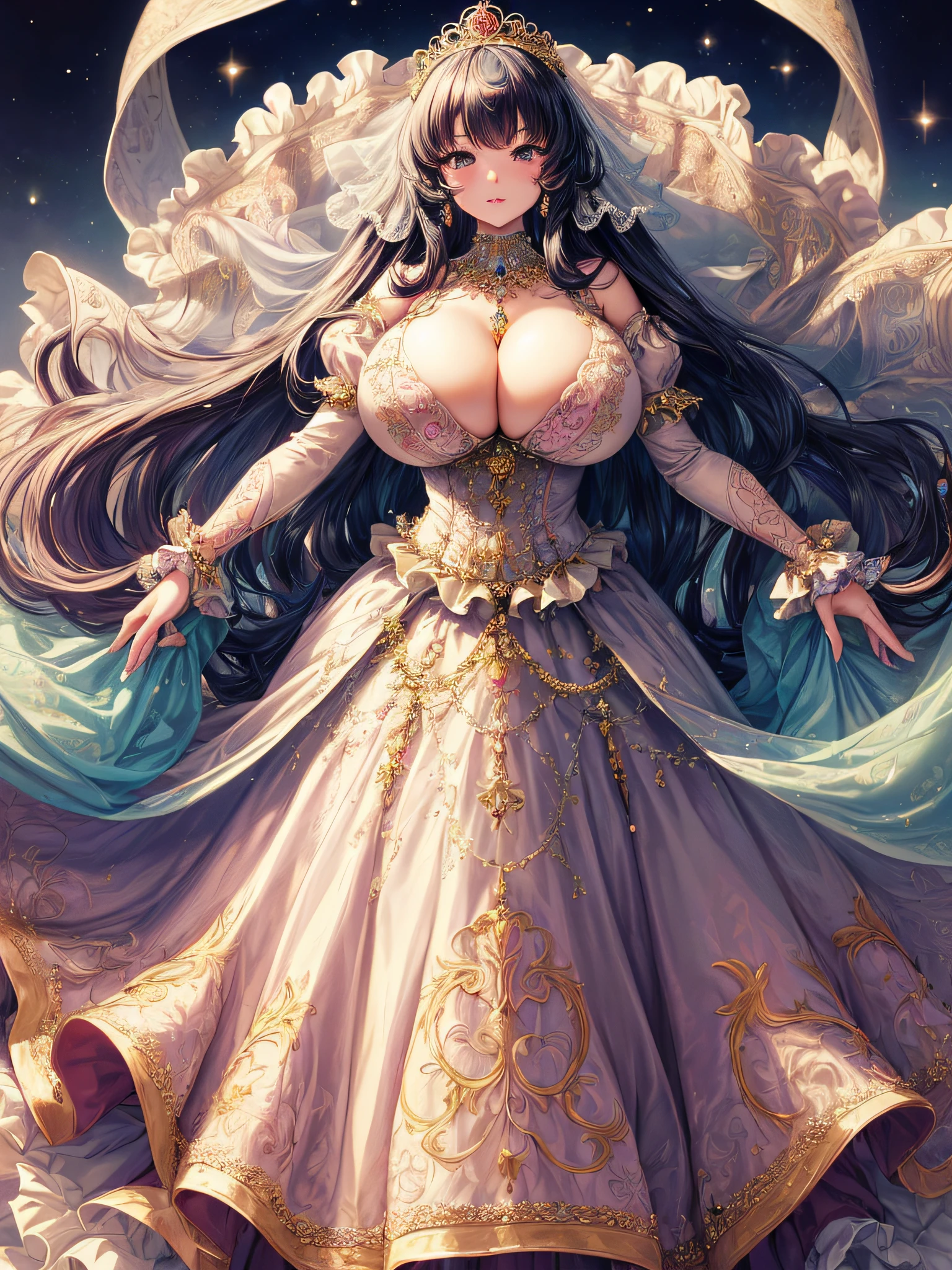 (masterpiece, best quality,extremely detailed:1.1),(moe anime art style:1.2),1girl,((full body,focus face)),((solo)), cute, kawaii,digital art,((1 gorgeous anime princess wearing beautiful embroidery and jeweled ruffled gorgeous princess ballgown with voluminous full length hoop skirt)),((crinoline)),long train,voluminous frills,(gorgeous embroidery and beautiful lace),((very gigantic boobs,skindentation)),cleavage,shiny hair,(((very long hair,large amount of straight hair))),((finely detailed face and eyes)),clear pupil,extremely gorgeousfull hair ornament,(bling-bling jeweled extremely gorgeousfull tiara),(bling-bling gorgeous gemstone jewelry),long veil,beautiful background,fantasy background,flowers,flower petals flowing,full body,((beautiful embroidery and jeweled ruffled gorgeous princess ballgown with voluminous full length hoop skirt))