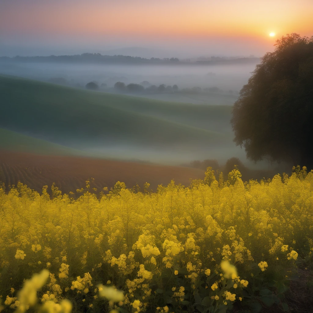 k hd,The tranquility of rape flowers blooming in the morning mist at autumn dawn,Soft golden tones depict the horizon of the flower fields and the sky,Scattered towards small wildflowers,IMAGE IN 2560X1440 PIXEL FORMAT