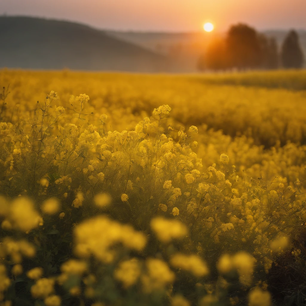 k hd,The tranquility of rape flowers blooming in the morning mist at autumn dawn,Soft golden tones depict the horizon of the flower fields and the sky,Scattered towards small wildflowers,IMAGE IN 2560X1440 PIXEL FORMAT