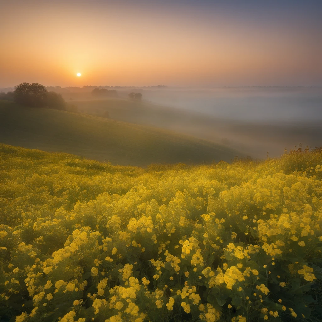 k hd,The tranquility of rape flowers blooming in the morning mist at autumn dawn,Soft golden tones depict the horizon of the flower fields and the sky,Scattered towards small wildflowers,IMAGE IN 2560X1440 PIXEL FORMAT