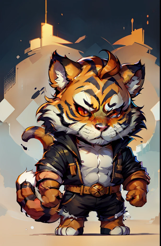 create picture with dark stroke,chibi, anthropomorphic, 1young tiger, , golden fur, big red eyes, , character 1:1, image with full body,simple background,