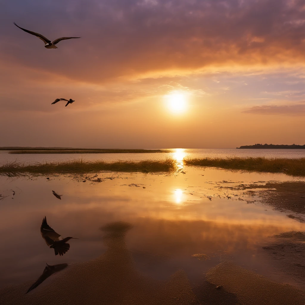 k hd，The sunset and the lonely birds fly together，The autumn water is the same for a long time，Soft gold tones depict the horizon of water and sky，IMAGE IN 2560X1440 PIXEL FORMAT