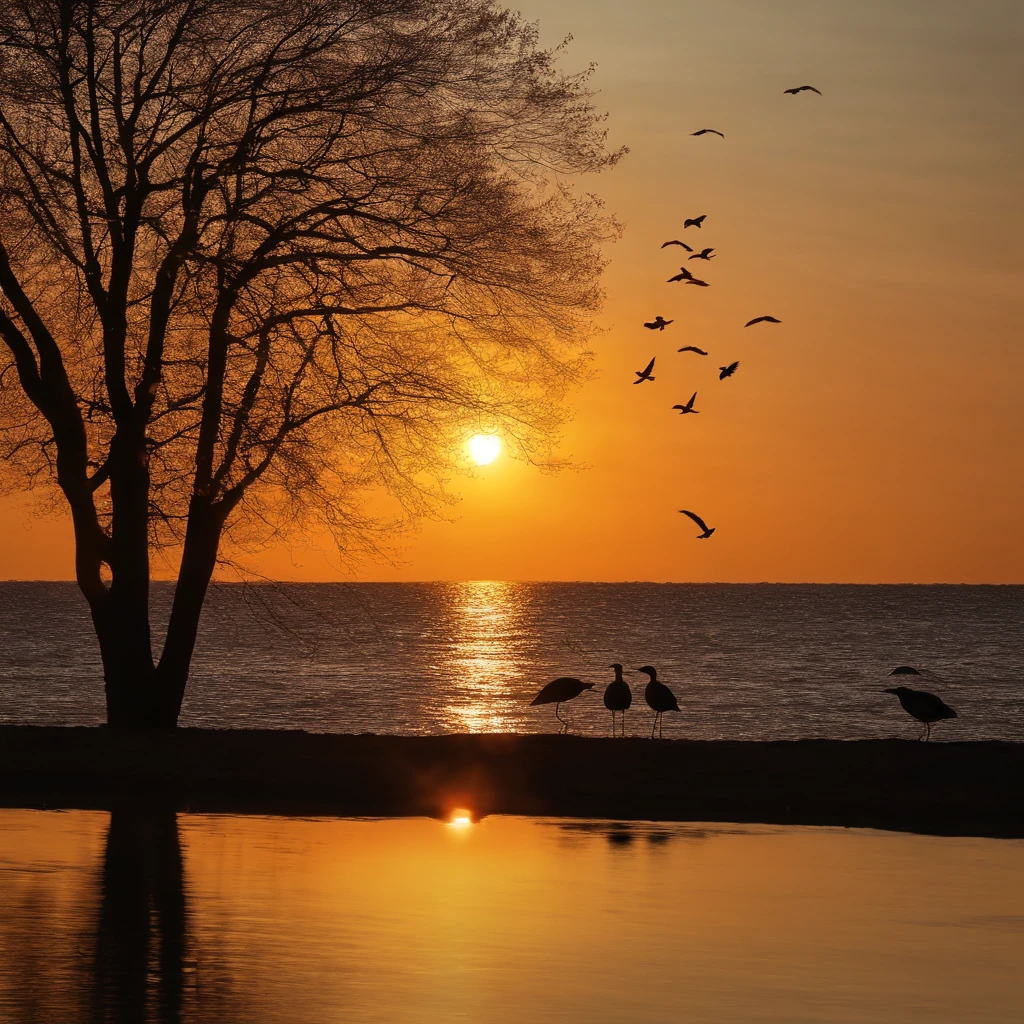 k hd,The sunset and the lonely birds fly together,The autumn water is the same for a long time,Soft gold tones depict the horizon of water and sky,IMAGE IN 2560X1440 PIXEL FORMAT