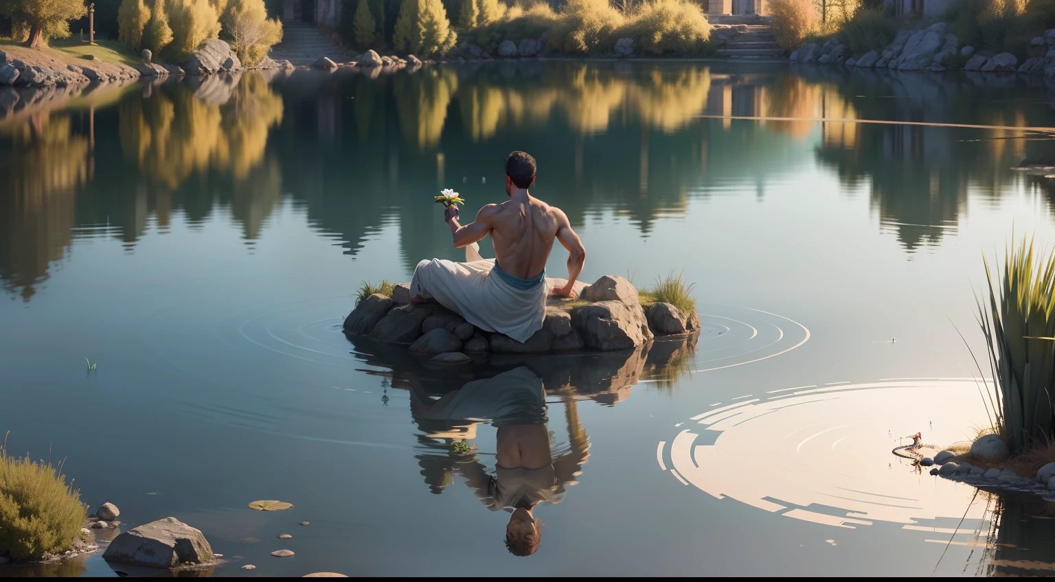 Generate an image of Narcissus gazing at his own reflection in the lake, captivated. greek mithology