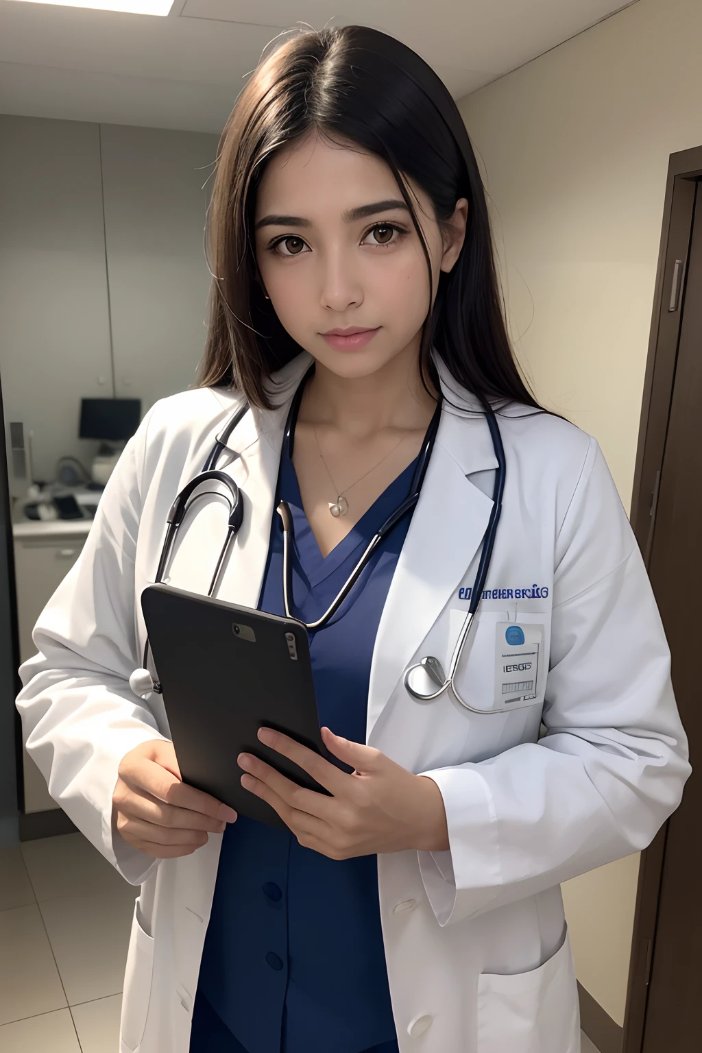 Photorealistic nice doctor、alegre, Incrivelmente bonito、doctors white coat, camisa de gola、(qualidade superior、8k、32k、obra prima、NFFSW:1.3)、超A high resolution,(Fotorrealista:1.4),Fotografia RAW, Rosto detalhado,,cabelo bonito, ((Estilo Doctor)), , saia preta justa、 maquiagem natural,, seios grandes e cheios、dentro do hospital, Antecedentes detalhados, perfect lighting, profundidade de campos, Gradiente de sombra bonito,stethoscope ,