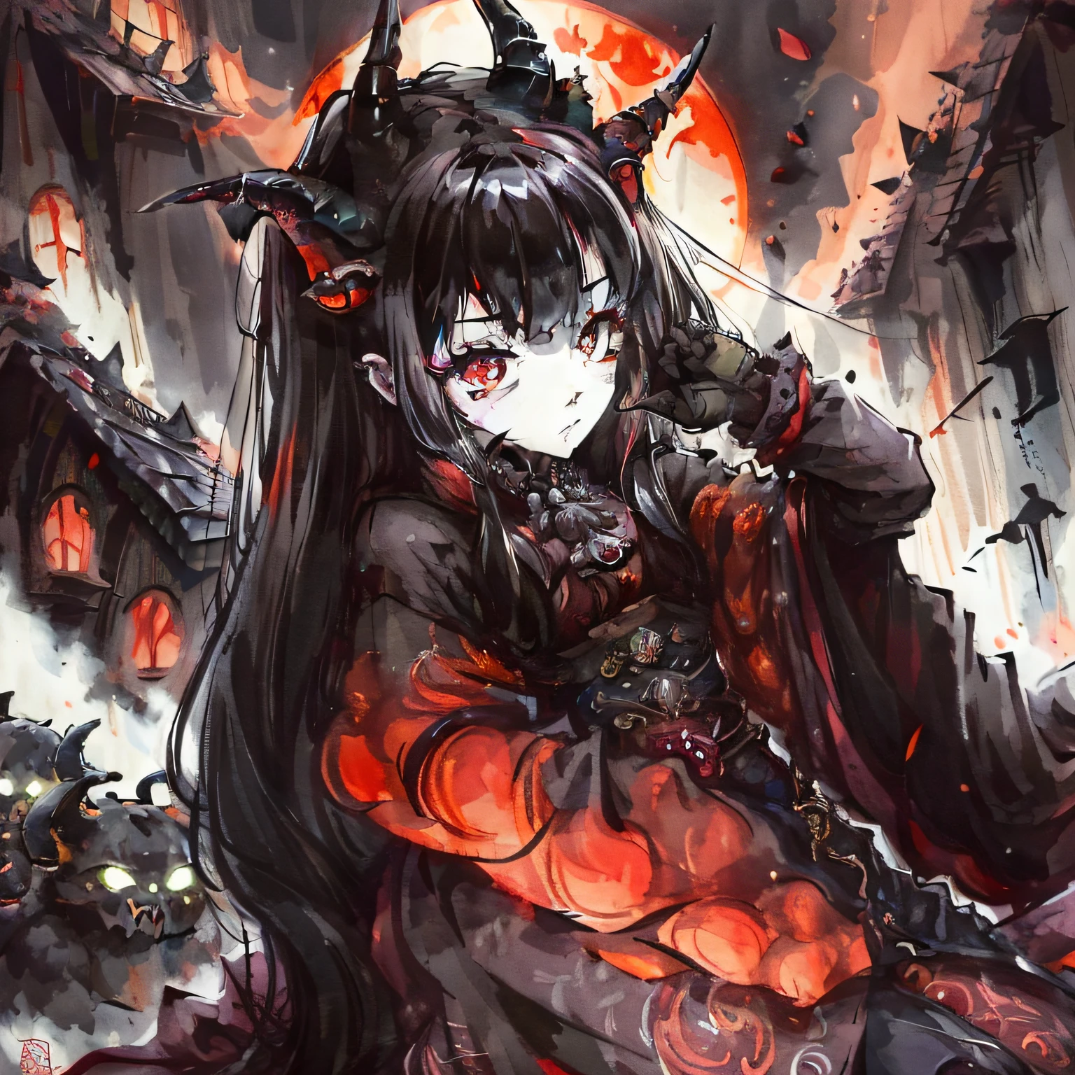 DarkSpheraStyle, Spiritual World, low View, scary evil demonic horrific demon dog, horns, demons tails, siting in dark, fantasy world, highly detailed, film grain, horror (theme)