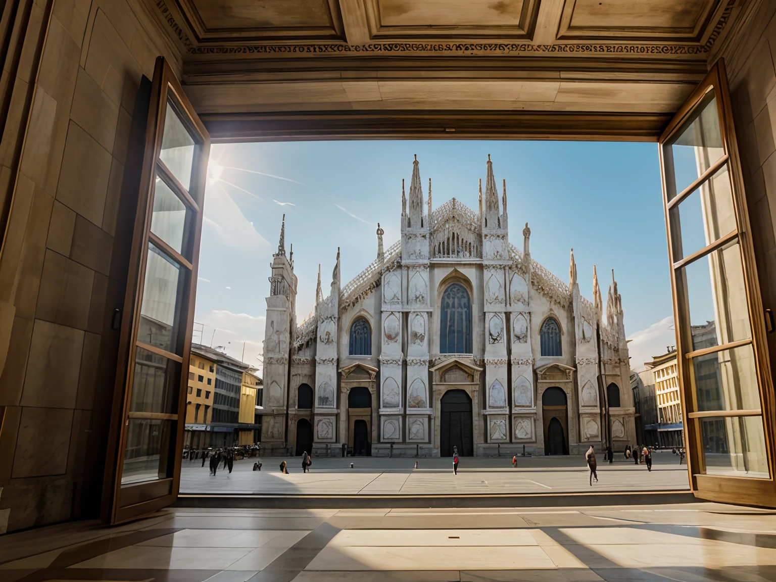 A large photo in front of a large Wall with a rectangular window, outside the window there is visible a piece of the Milan cathedral, Duomoof milan, masterpiece , High Detailed,