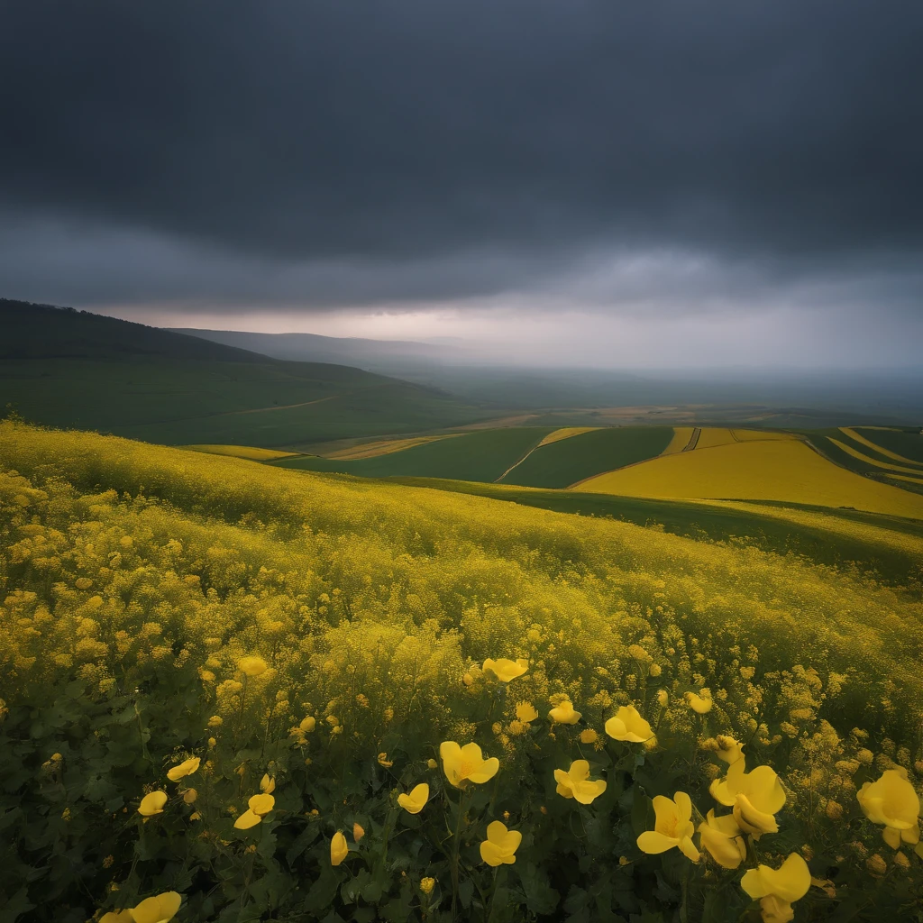 k hd,The tranquility of rape flowers blooming in the wind and rain at the dawn of autumn,Soft golden tones depict the horizon of the flower fields and the sky,Scattered towards small wildflowers,IMAGE IN 2560X1440 PIXEL FORMAT