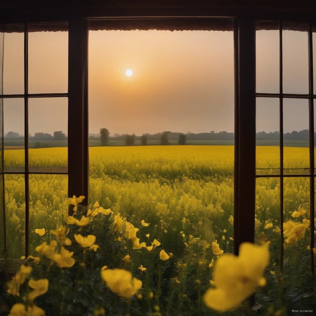 k hd,The tranquility of rape flowers blooming in the wind and rain at the dawn of autumn,Soft golden tones depict the horizon of the flower fields and the sky,Scattered towards small wildflowers,IMAGE IN 2560X1440 PIXEL FORMAT