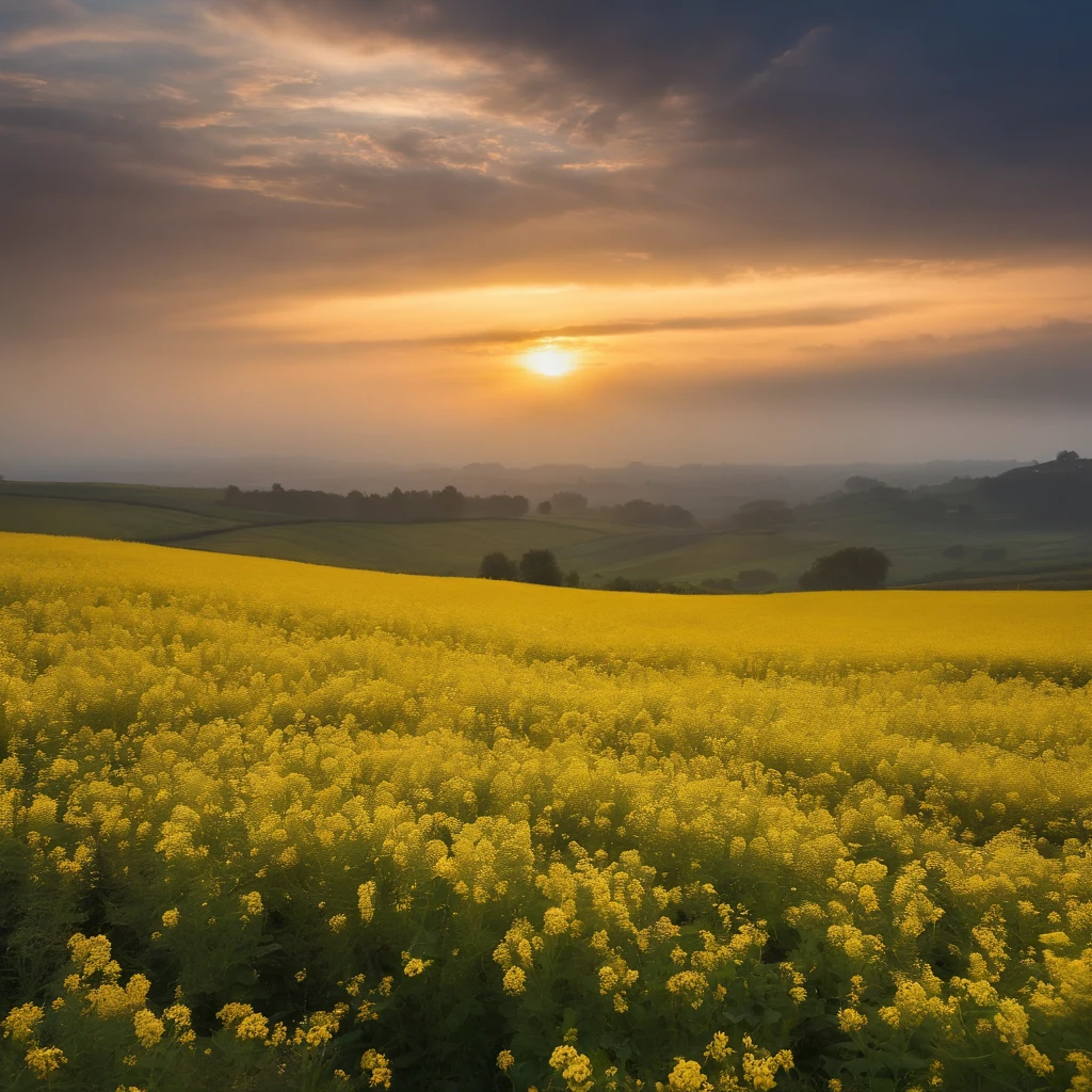 k hd，The tranquility of rape flowers blooming in the wind and rain at the dawn of autumn，Soft golden tones depict the horizon of the flower fields and the sky，Scattered towards small wildflowers，IMAGE IN 2560X1440 PIXEL FORMAT