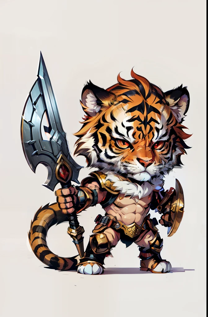 1young tiger, baby face tiger ,chibi, anthropomorphic, golden fur, big red eyes, warrior with armor and weapon, character 1:1, image with full body,simple background,