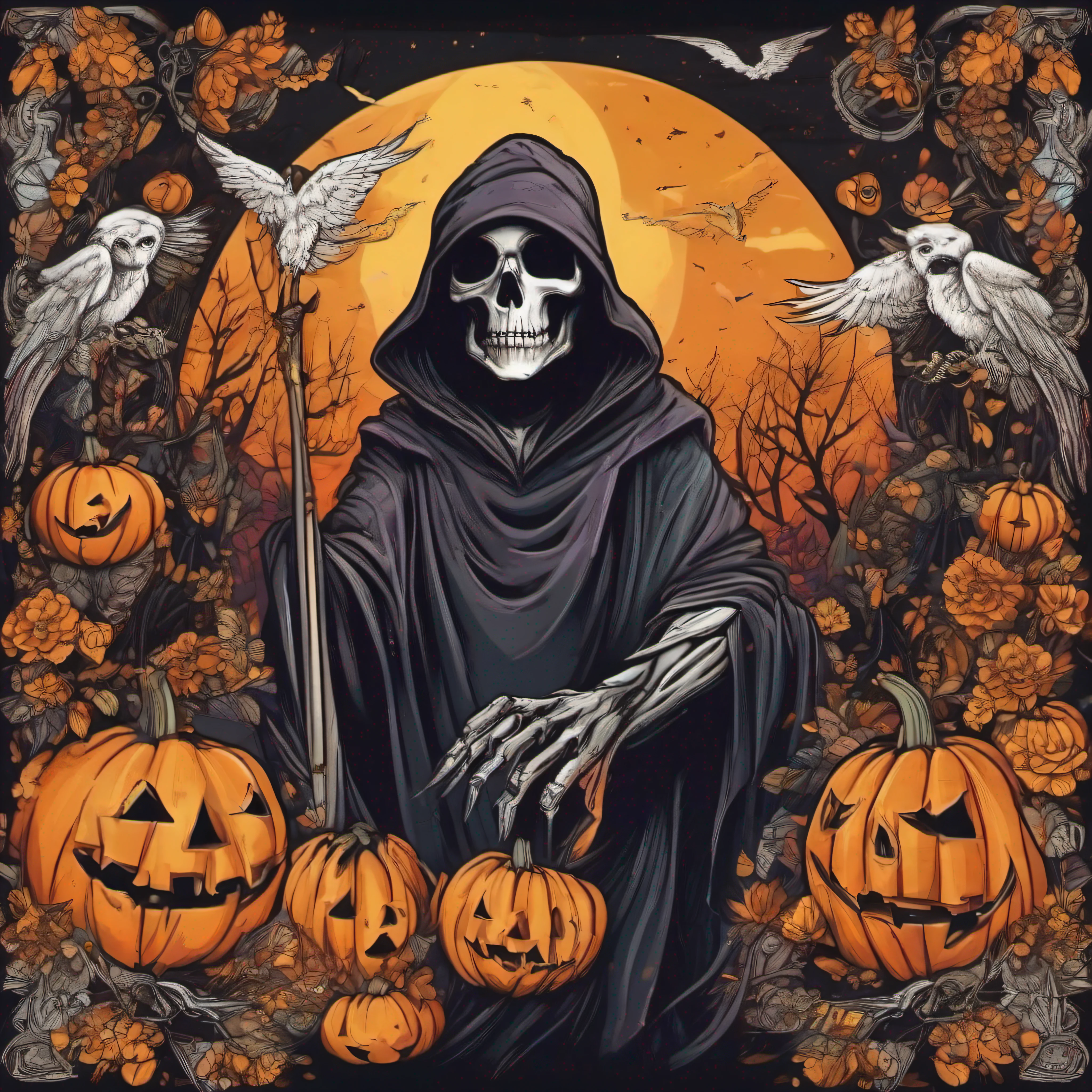 (best quality,4k,8k, high, masterpiece:1.2),ultra-detailed,(realistic, photorealistic, photo-realistic:1.37), dark and mysterious colors, Halloween festival atmosphere, whimsical interpretation of the Grim Reaper, beautiful and intricate line work. The main subject is a girl wearing a t-shirt with a centered artwork of a vibrant and colorful illustration of the Grim Reaper, surrounded by Halloween-themed elements such as jack-o'-lanterns, bats, and witches. The illustration has a whimsical style, with exaggerated and playful features on the Grim Reaper. The typography on the artwork is in a stylized and eye-catching manner. The overall composition has a graffiti-inspired feel, with energetic brushstrokes and vibrant colors. The artwork has a vector art aesthetic, with clean lines and bold shapes, making it suitable for various mediums such as stickers or digital prints. The scene is filled with a sense of excitement and anticipation, capturing the spirit of Halloween and the theme of love and death in a visually captivating way.