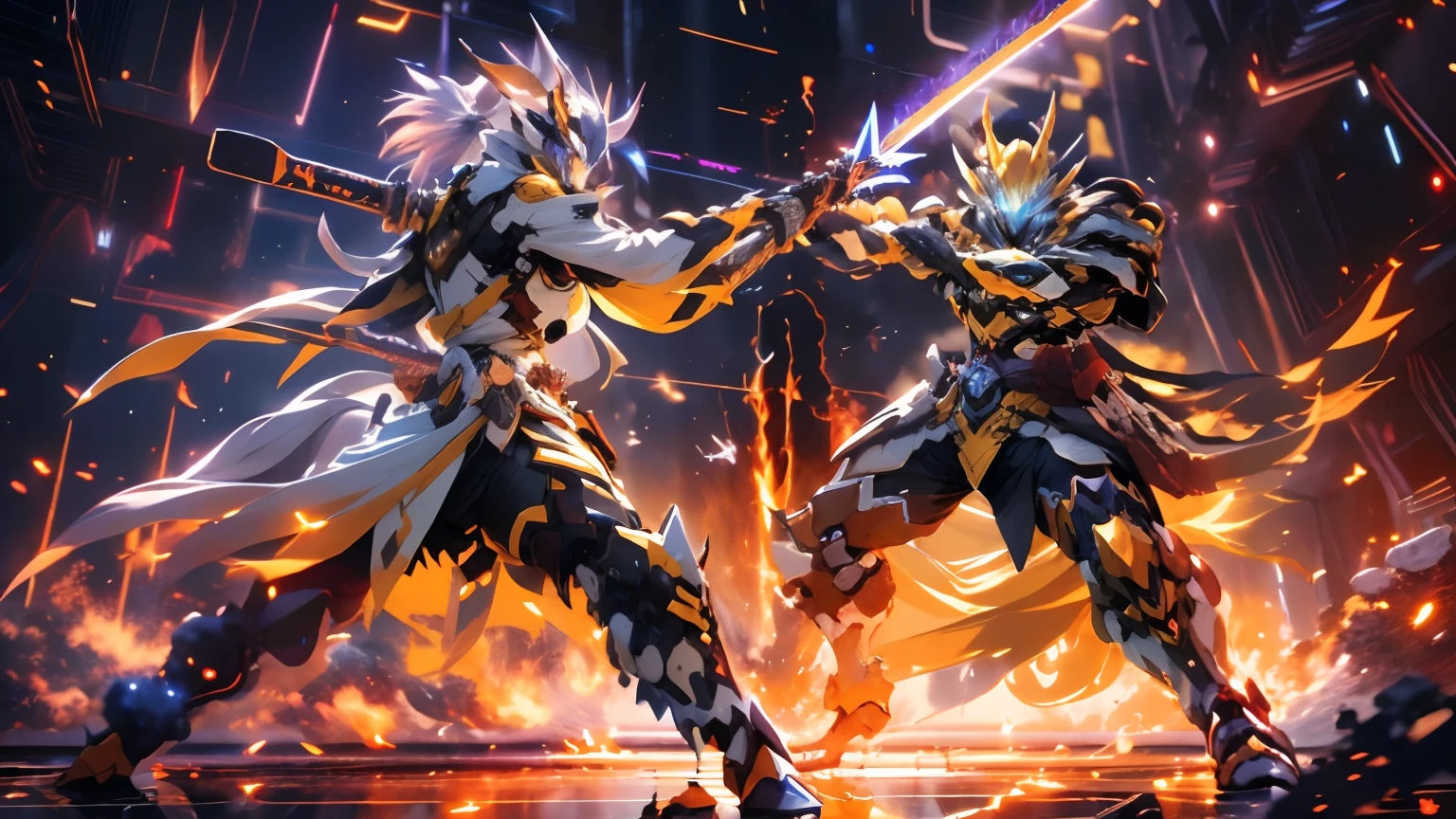 two anime characters fighting in a dark room with flames, from arknights, badass anime 8 k, guilty gear strive splash art, anime fight, arknights, sword fight, anime epic artwork, guilty gear strive graphics, epic anime style, epic 8 k hd anime shot, dual wielding swords, detailed digital anime art, epic battle scene, sword clashing