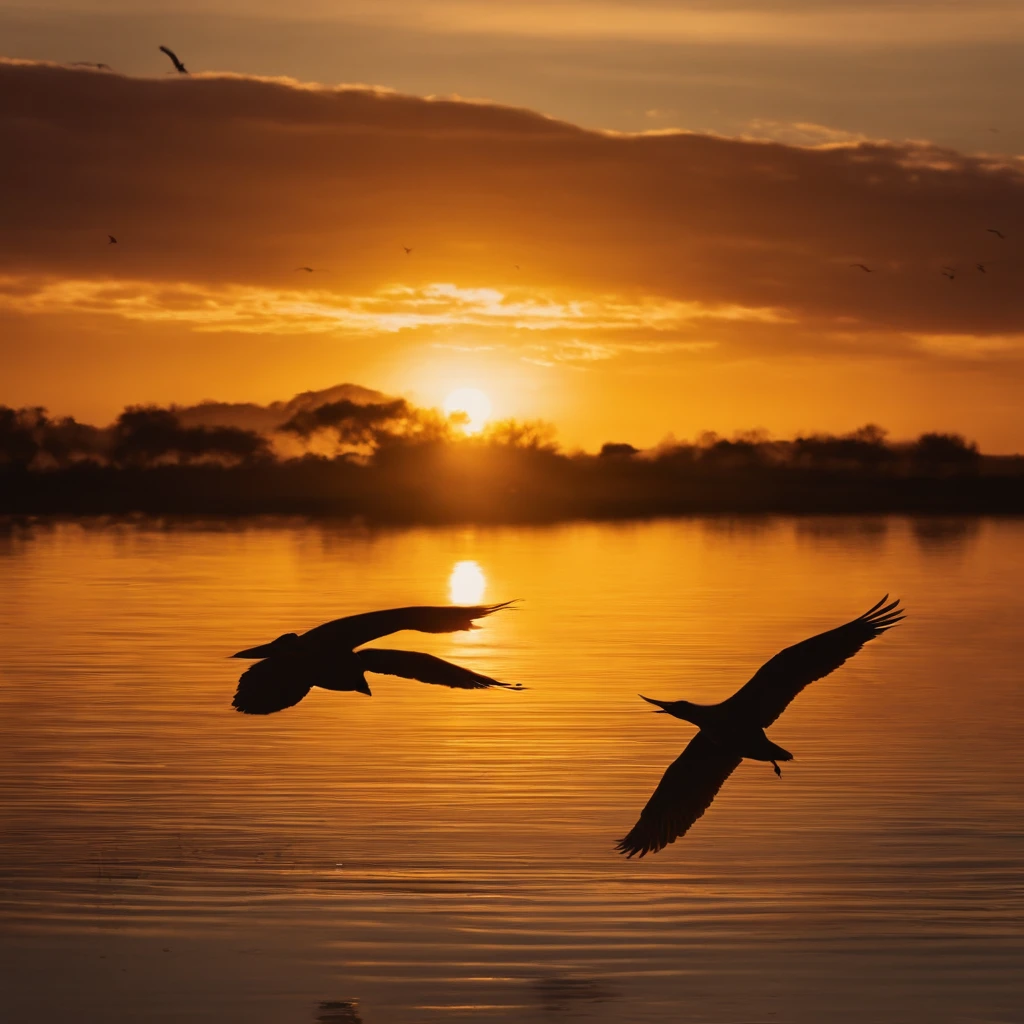 k hd,The sunset and the lonely birds fly together,The autumn water is the same for a long time,Soft gold tones depict the horizon of water and sky,IMAGE IN 2560X1440 PIXEL FORMAT