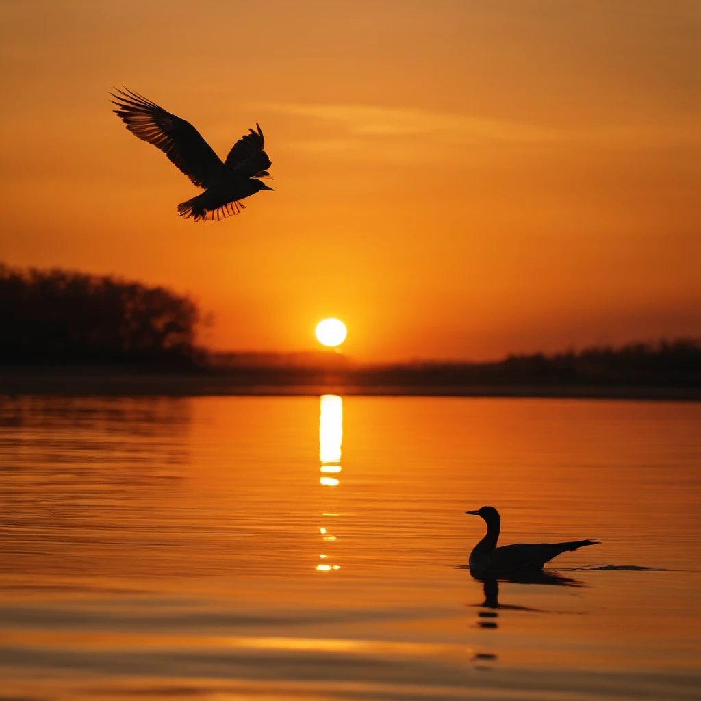 k hd,The sunset and the lonely birds fly together,The autumn water is the same for a long time,Soft gold tones depict the horizon of water and sky,IMAGE IN 2560X1440 PIXEL FORMAT