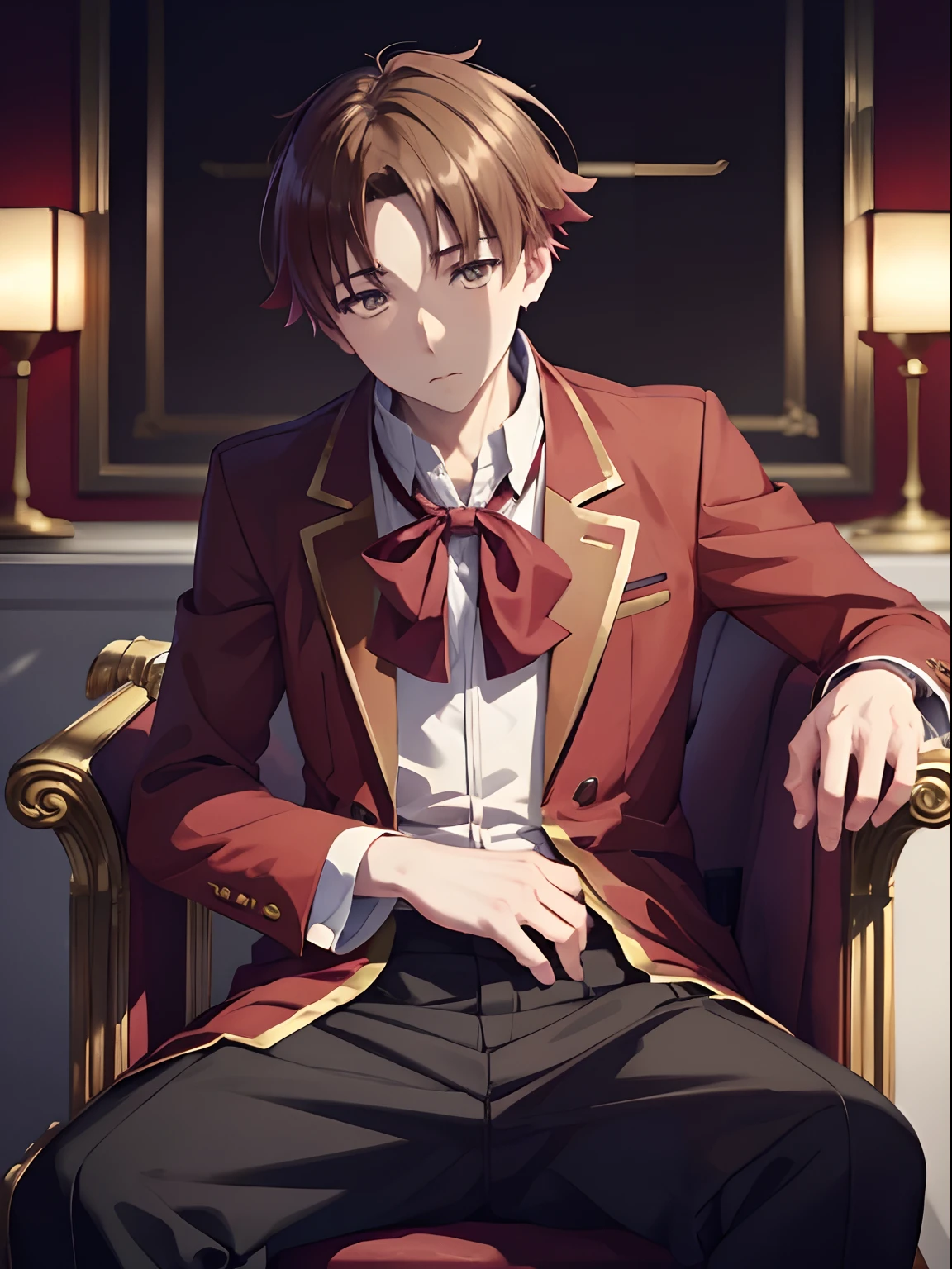 1boy , ayanokoji kiyotaka , sitting , looking at the viewer , sitting on a throne , like a king , kings dress , apathetic face , cold eyes , staring at the viewer , no emotion , royalty , masterpiece , ultra sharp , high contrast , wallpaper , golden glow in eyes ,