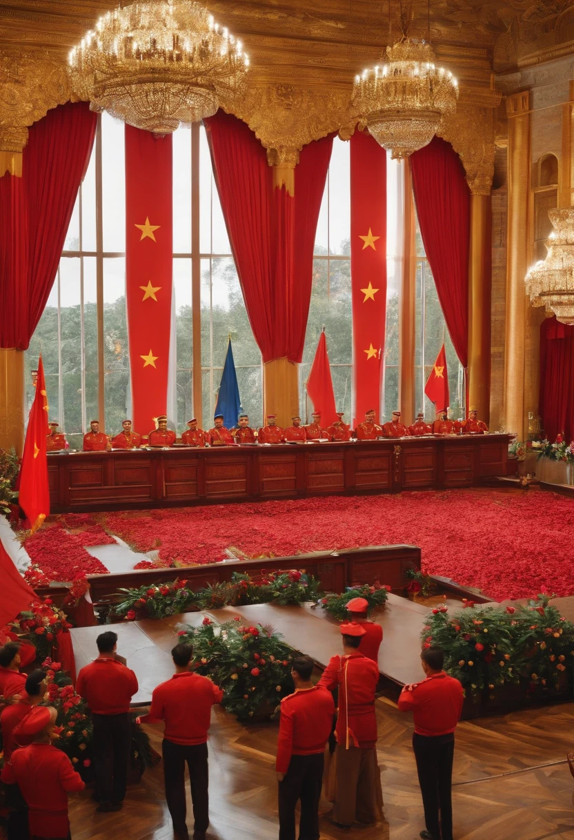 Large imperial style room decorated with various communist flags and the working people celebrating, desfile comunista
