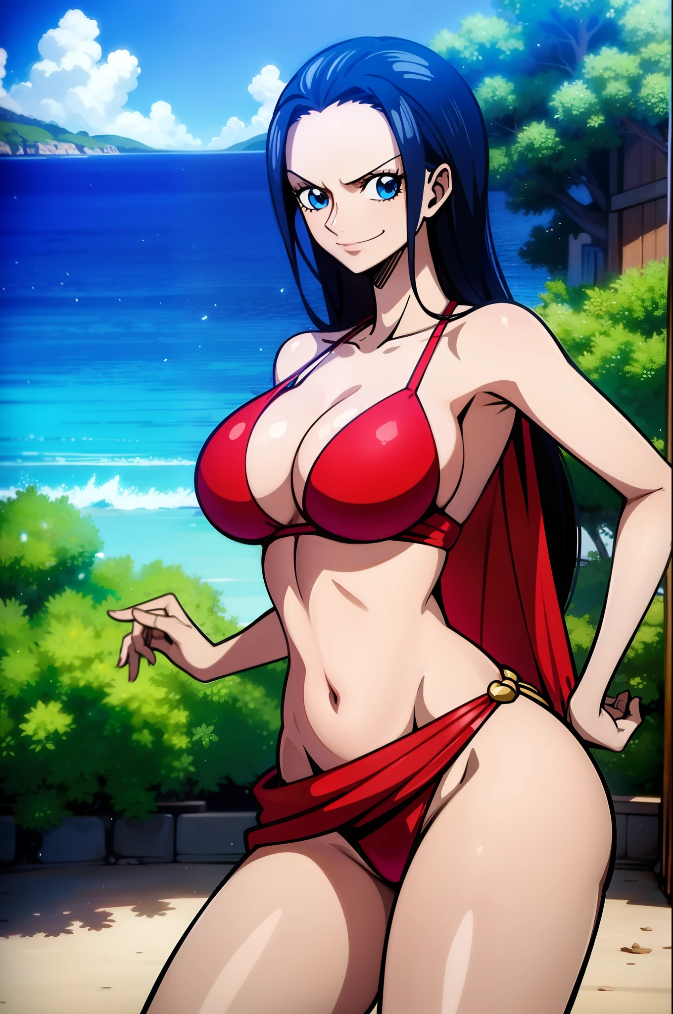 Robin de One Piece, sexy pose, What if , Elly, Red sari, 8k, anime, Shore, Big Boob, large ass, Looks sexy perfect quality eyes blue eyes standing blue bikini high heels smile