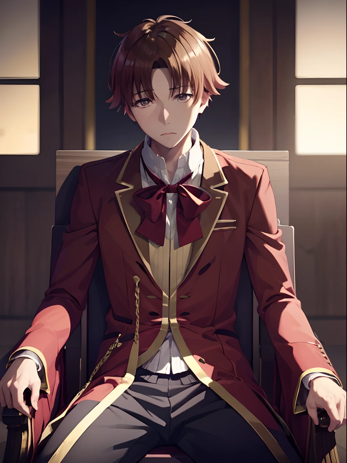 1boy , ayanokoji kiyotaka , sitting , looking at the viewer , sitting on a throne , like a king , kings dress , apathetic face , cold eyes , staring at the viewer , no emotion , royalty , masterpiece , ultra sharp , high contrast , wallpaper , golden glow in eyes ,