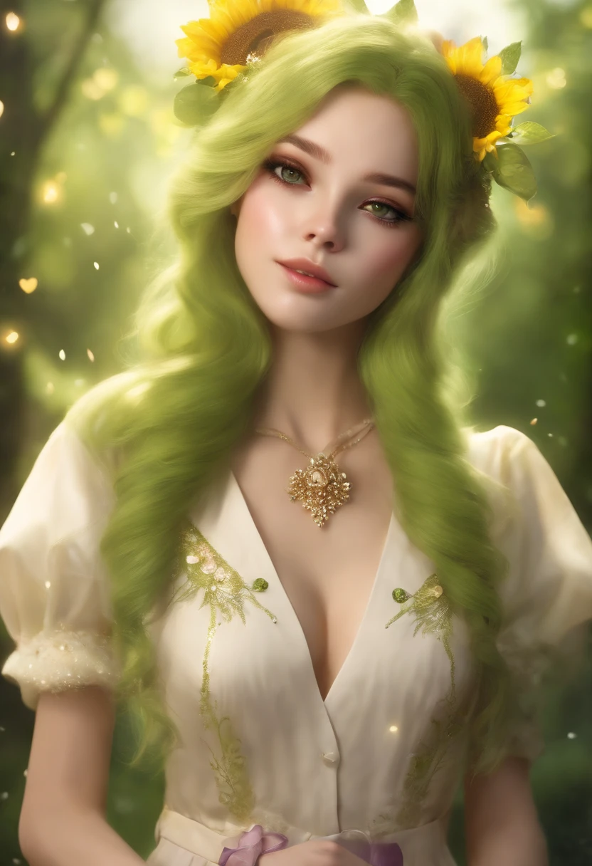 Fairy, green skin, grassy skin, textured skin, large ears, elfin ears, Chinese eyes, slender eyes, purple eyes, wings-fairy, sparkling wings, sunflower wings, releasing glitter, surrounded by purple glitter, slender legs, monster legs, insect-like monster legs,, wearing a t-shirt, formal shirt, short-sleeved formal shirt, short-sleeved pom-pom style formal shirt, short-sleeved light brown striped formal shirt, dreamy look, shiny dreamy look, with lip piercings, lip piercings on the sides, small nose, animalistic nose, small animalistic nose, eyebrows, arched eyebrows, dark eyebrows, arched dark eyebrows, long hair, wavy long hair, yellow wavy long hair, burnt yellow hair, long fingers, witch-like hands, holding hands, holding a white brownie, small French pastry, light freckles, facial freckles, green facial freckles, moss-green facial freckles, leaf-green facial freckles, medium neck, feminine neck, tall neck, shoulders, low shoulders, drooping shoulders, slender shoulders, medium-sized body, hourglass figure, feminine woman, genius woman.