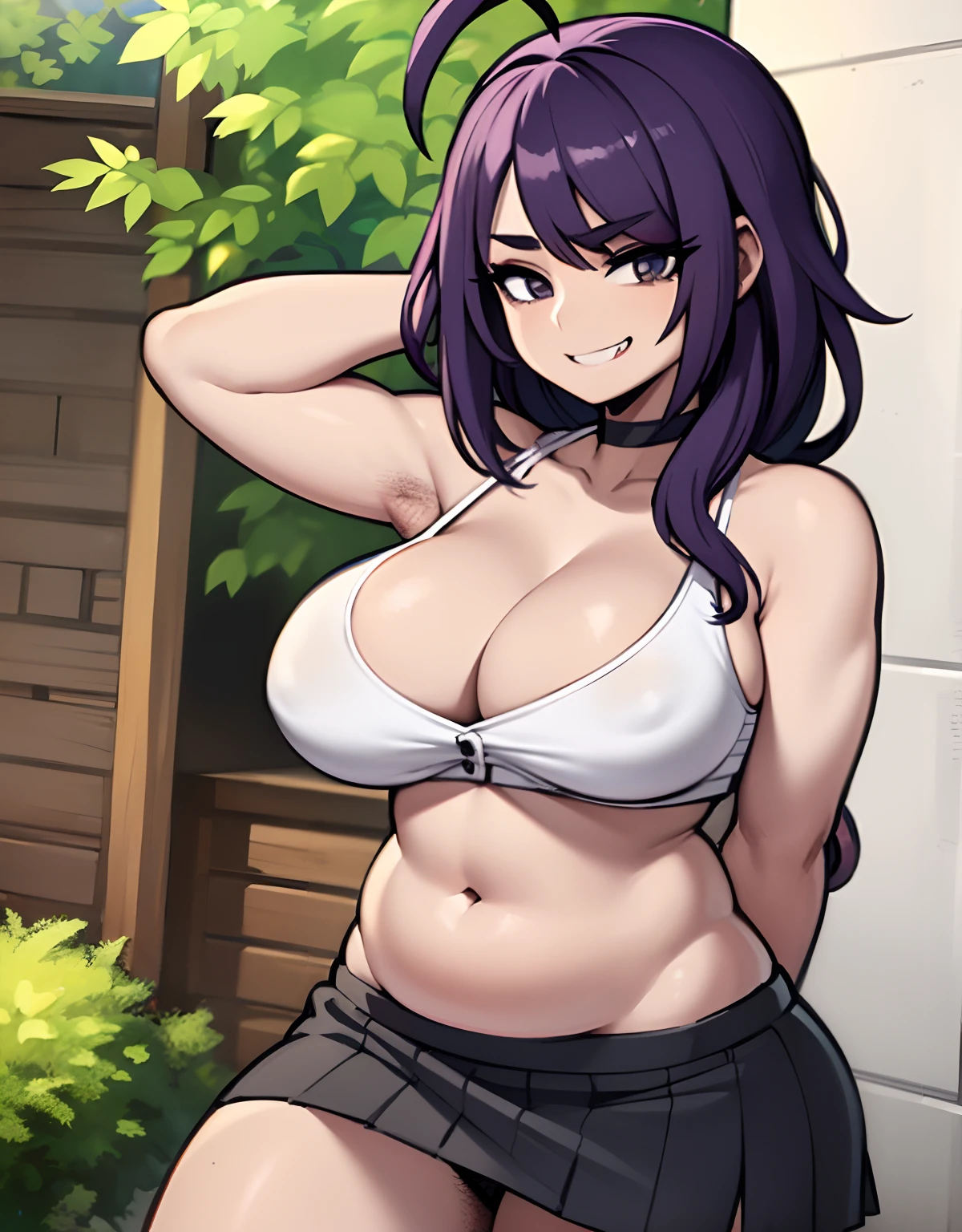 ((masterpiece, best quality)), (1girl), (solo), (female focus), tall girl, (ahoge, purple hair, long hair), black eyes, light smile, open mouth, smug face, choker, large boobs, ((white gym bra), (buttoned), (button gap)) shoulder cut, shoulder visible, midriff, belly, bloated abs, bloated belly, bulging belly, slightly chubby, ((black skirt), panty strings, thongs, (short skirt)), standing, arms behind back, dynamic angle, background is an alley in garden