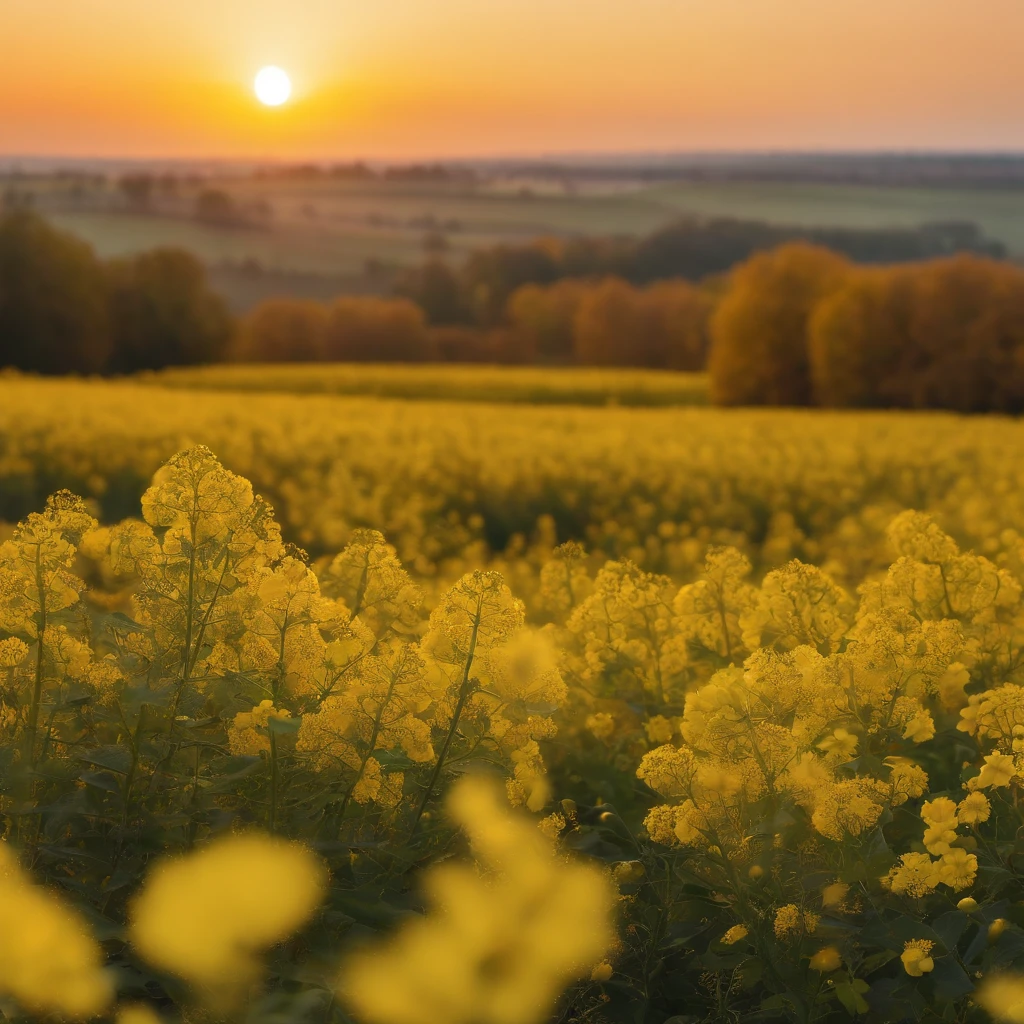 k hd,The tranquility of the warmly blooming rape flowers at the autumn dawn,Soft golden tones depict the horizon of the flower fields and the sky,Scattered towards small wildflowers,IMAGE IN 2560X1440 PIXEL FORMAT