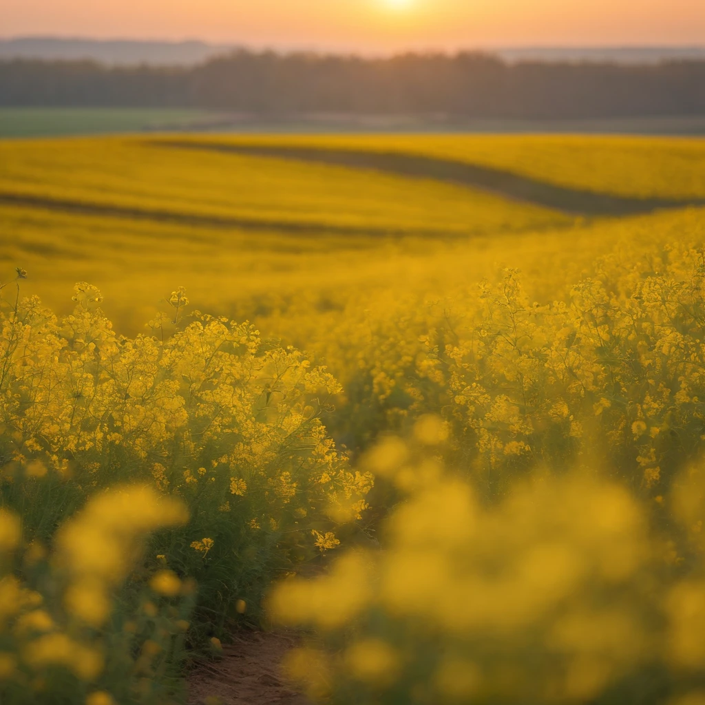 k hd，The tranquility of the warmly blooming rape flowers at the autumn dawn，Soft golden tones depict the horizon of the flower fields and the sky，Scattered towards small wildflowers，IMAGE IN 2560X1440 PIXEL FORMAT