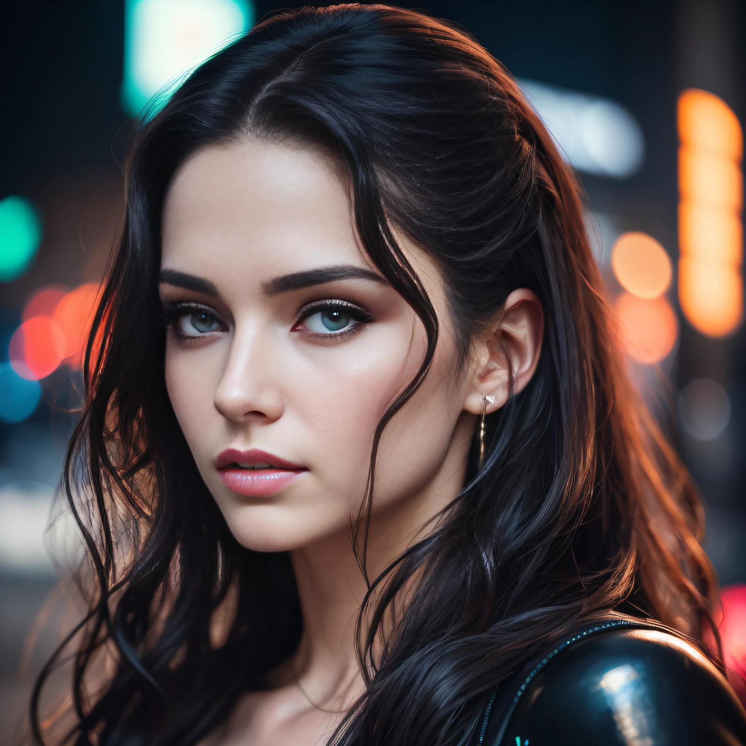 amoled ultra realistic photograph of a 25 years old european girl, RAW, beautiful woman, (extra long wavy black hair), ((portrait)), ((detailed face:1.2)), ((detailed facial features)), (finely detailed skin), pale skin, (high detailed deep cleavage cyberpunk steel dress), black background, (cold colors), damp, moist, reflections, (masterpiece) (perfect proportion)(realistic photo),(best quality), (detailed), (amoled neon lighting), (sharp focus) (intricate)