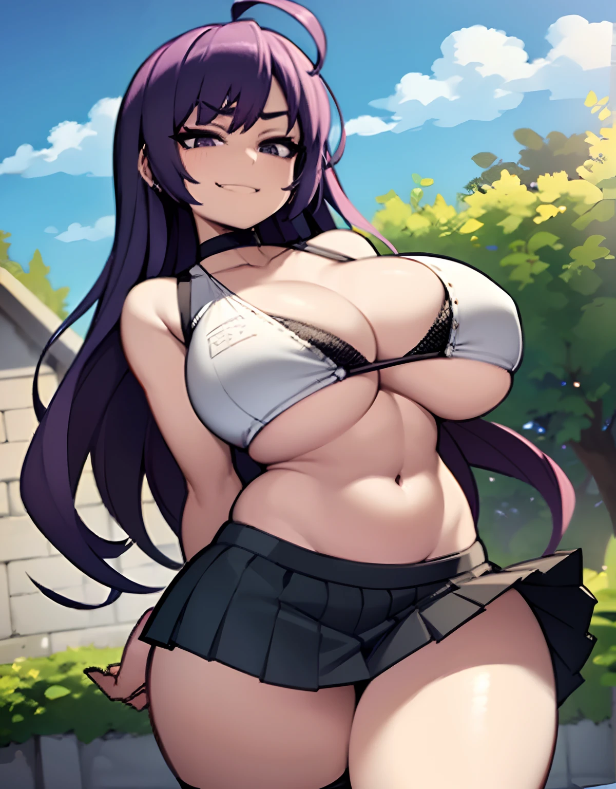 ((masterpiece, best quality)), (1girl), (solo), (female focus), tall girl, (ahoge, purple hair, long hair), black eyes, light smile, open mouth, smug face, choker, large , ((white gym bra), (butto, (button gashoulder cut, shoulder visible, midriff, belly, bloated abs, bloated belly, bulging belly, slightly chubby, ((black skirt), panty stringsngs, (short skirt)), standing, arms behind back, dynamic angle, background is an alley in garden