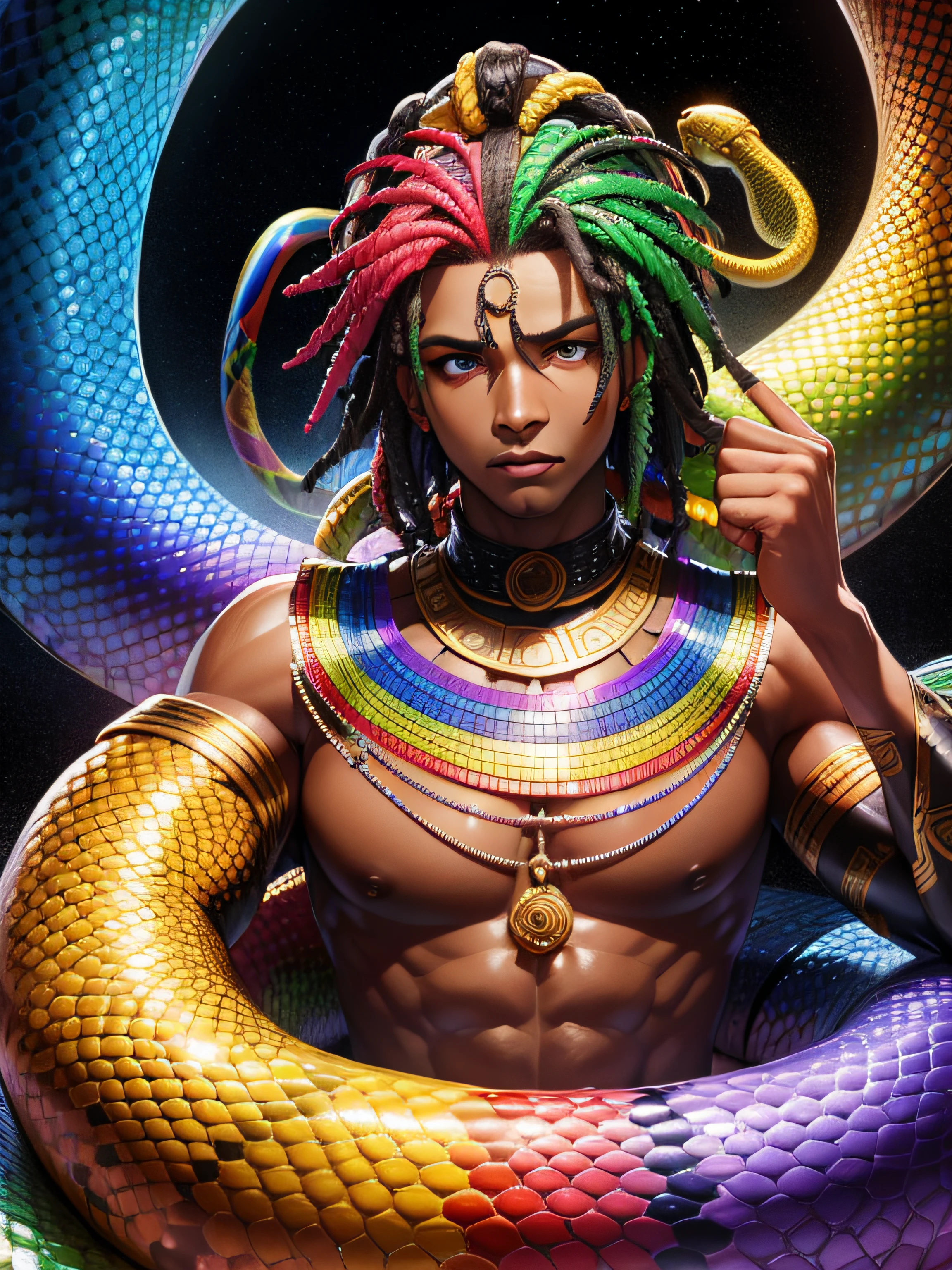 full body view with depth An epic a scaly skin, pink skin, Rasta style hair out there, he wears a cord with mystical symbols, female sex a woman with old breasts illustration of a dark Entity. A tall humanoid muscular figure with unusual features such as pink, plaster-like skin, (with dark patches on your skin, vitiligo,animal print skin). slit mouth, no hair, slanted and larger-than-normal yellow eyes, and large, no ears, slender and strange, wearing clothing.
