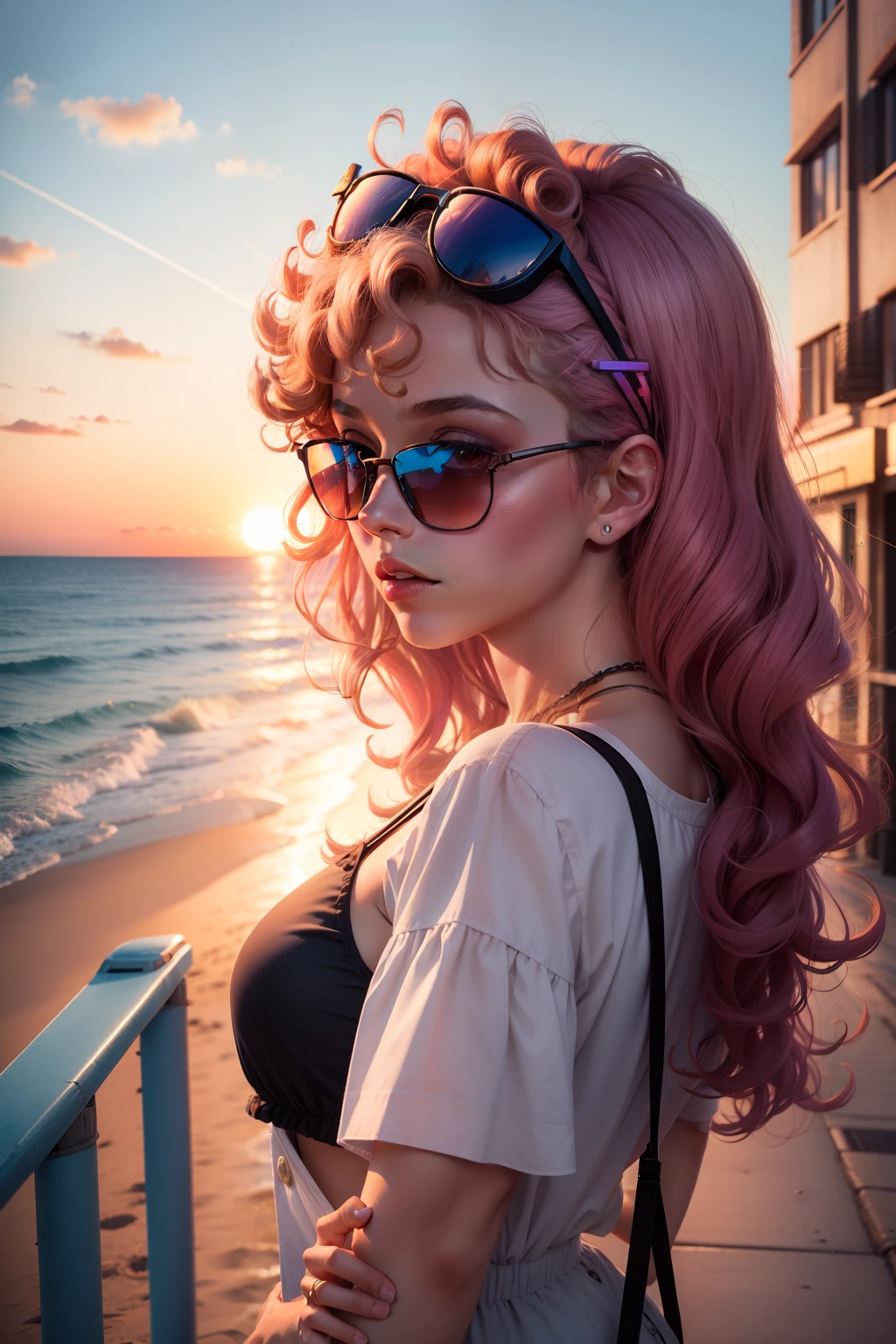 European girl, vaporwave city, sunset beach background, curly hair, sunglasses