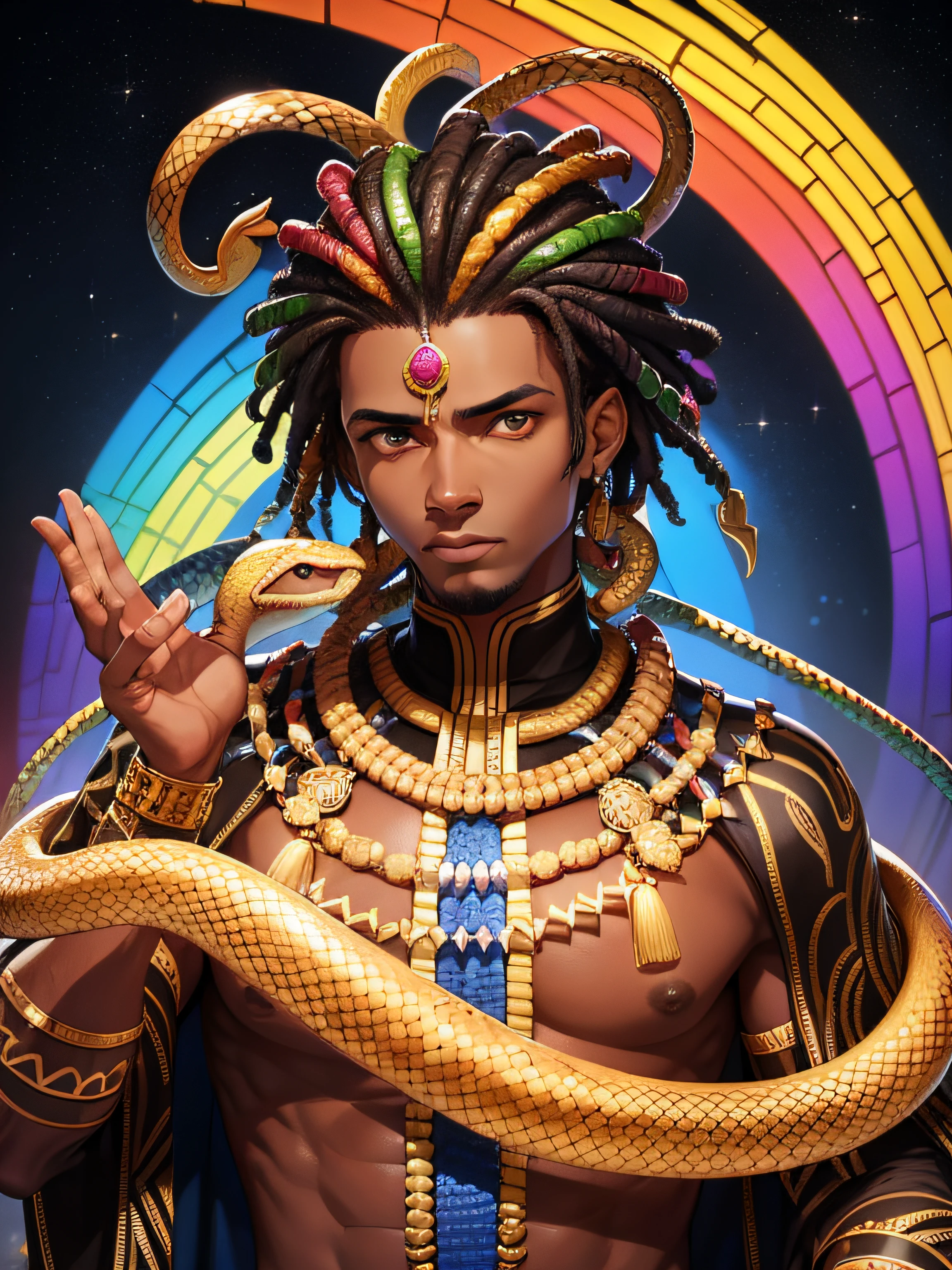 Homem negro africano , orixa oxumare, rainbow hair , snakes on the neck, God of Renewal, snake around , CG superior,(tmasterpiece),(detalhes insanos),(max quality)