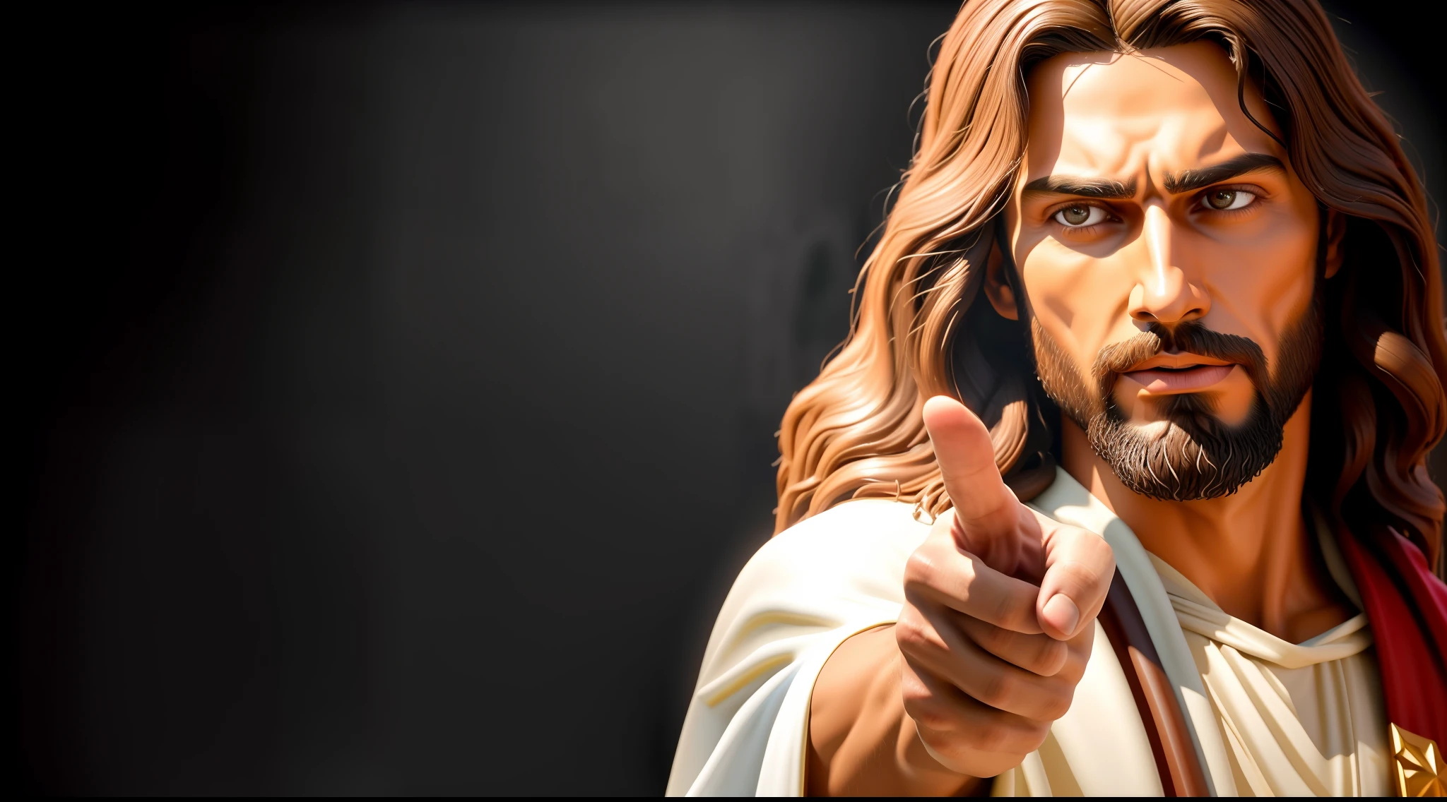 Jesus pointing at you with his finger up, Jesus Cristo, Jesus, jesus of nazareth, rosto de Jesus, pointing to heaven, Jovem Deus Todo-Poderoso, sem palavras 4 k, O Senhor e Salvador, Awesome, Retrato de Jesus Cristo, Dedo de Deus, pintado digitalmente, Jesus Cristo Fumando um Blunt, Jesus Gigachad, Nicodemos, Arte 4K, Maximum realism, max quality, ultrarrealismo, ultrarrealista, image with maximum detail, detalhes reais, maximum detail in the Face of Jesus Christ, realismo completo, Jesus is staring, Dramatic Jesus, rosto realista, barba realista