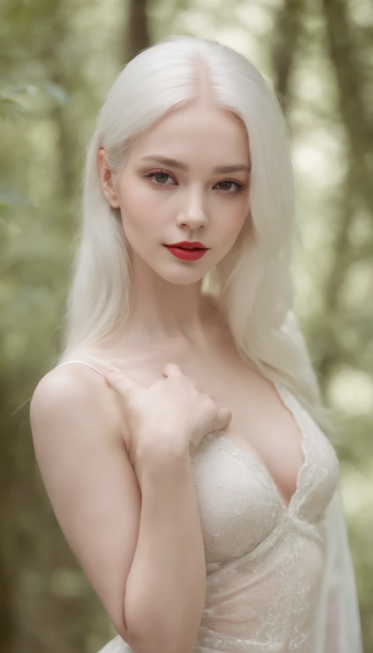 Albino female, 18 years old, handsome face, fine white skin, pearl white hair, pearl white eyebrows, long pearl white eyelashes, bright red eyes, cherry red cheeks, cherry red lips, slender neck, long slender limbs. , slender body, oversized breasts, cherry-colored , large cherry-colored areolas, large round buttocks, extremely slender waist, firm belly, pearl white pubic hair, thick cherry-colored minora, not wearing anything, naked, Glamorous, erotic, natural light, standing on a path in the forest, morning, deep fog, super sharp focus, realistic shot, super high resolution,