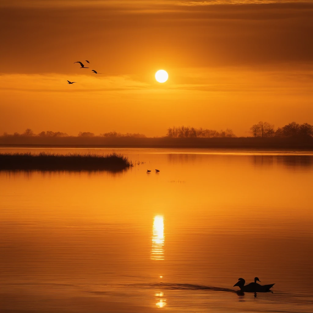 k hd,The sunset and the lonely birds fly together,The autumn water is the same for a long time,Soft golden tones depict the horizon of foggy water and sky,IMAGE IN 2560X1440 PIXEL FORMAT