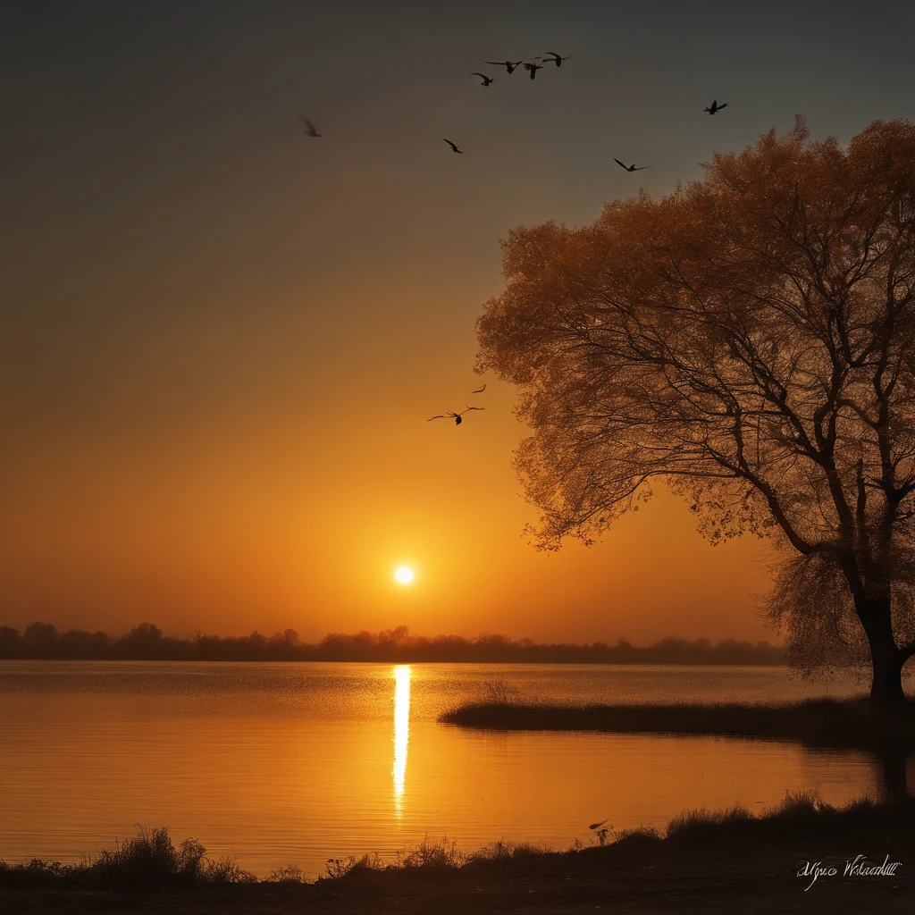 k hd，The sunset and the lonely birds fly together，The autumn water is the same for a long time，Soft golden tones depict the horizon of foggy water and sky，IMAGE IN 2560X1440 PIXEL FORMAT