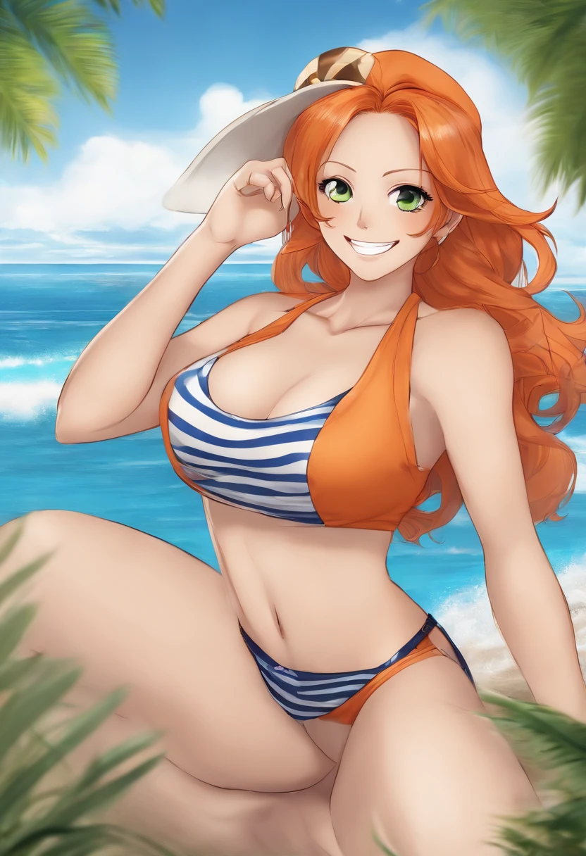 Generate a realistic anime-style image of Nami from One Piece. Capture her distinct appearance with orange hair, a blue and white striped shirt, and a cheerful expression. Ensure that the image reflects her adventurous and confident personality as portrayed in the anime., Full body, wide shot , nsfw, curvy athletic body, Island background,bra top, bikini