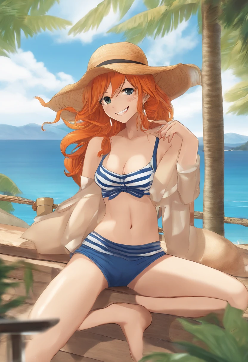 Generate a realistic anime-style image of Nami from One Piece. Capture her distinct appearance with orange hair, a blue and white striped shirt, and a cheerful expression. Ensure that the image reflects her adventurous and confident personality as portrayed in the anime., Full body, wide shot , nsfw, curvy athletic body, Island background,bra top, bikini