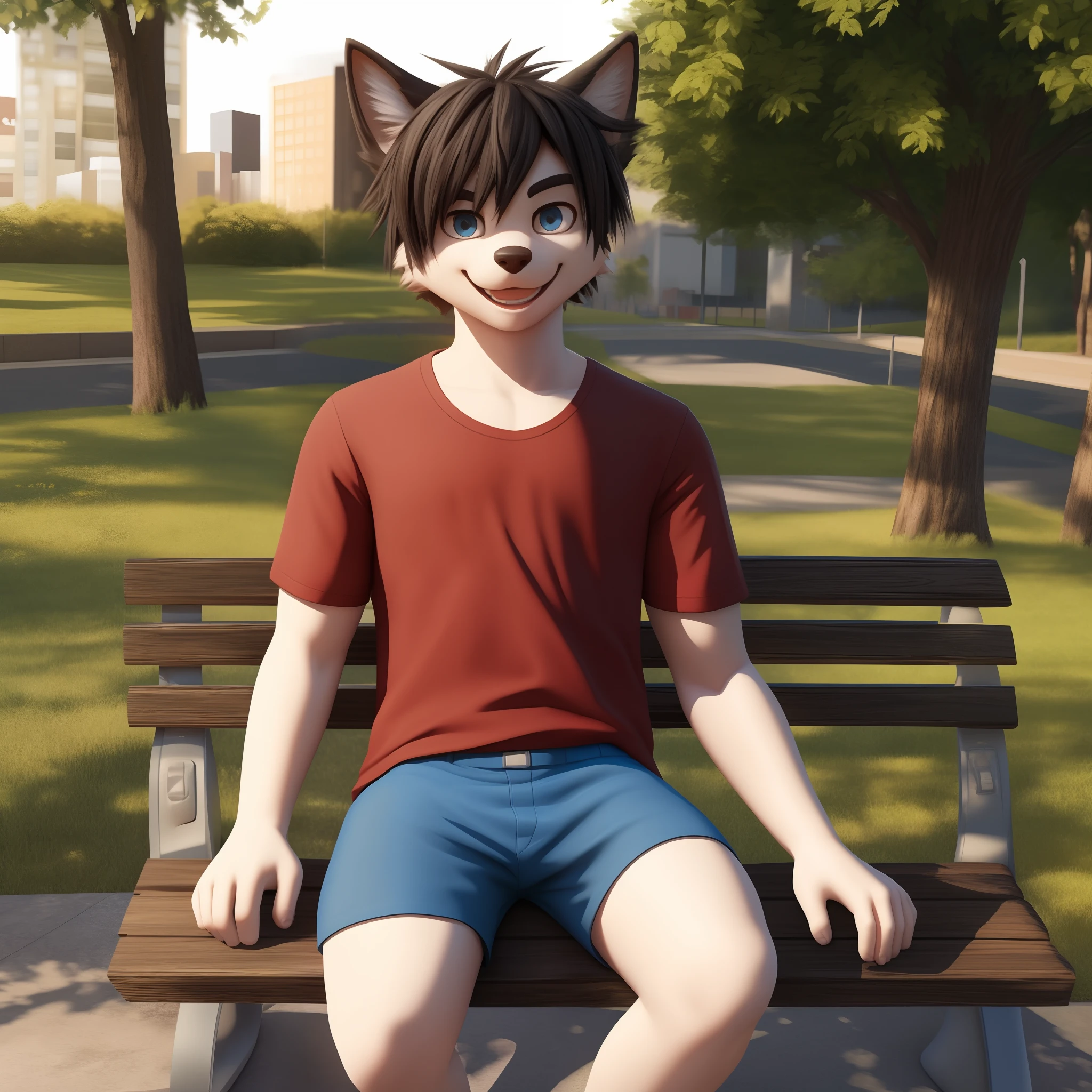 Furry, a young 18-year-old boy sitting on a bench in the square, alone, wearing blue shorts and a red shirt, looking at the viewer with a cool smile 3D ULTRA HD 16K