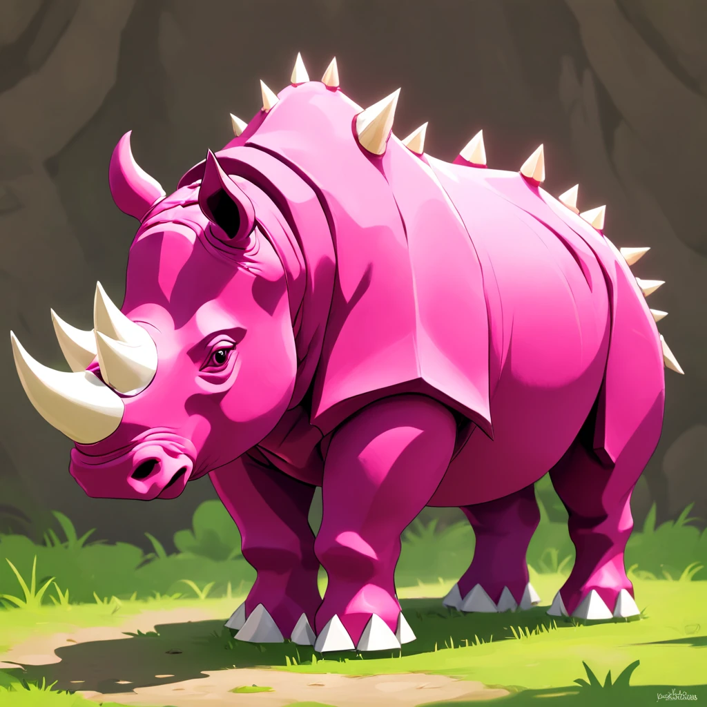 Rhinoceros that is vivid fuchsia in color and covered in white bone-like spikes, best quality, masterpiece