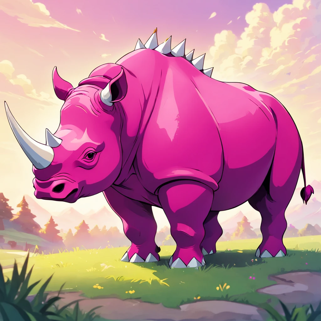 Rhinoceros that is vivid fuchsia in color and covered in white bone-like spikes, best quality, masterpiece