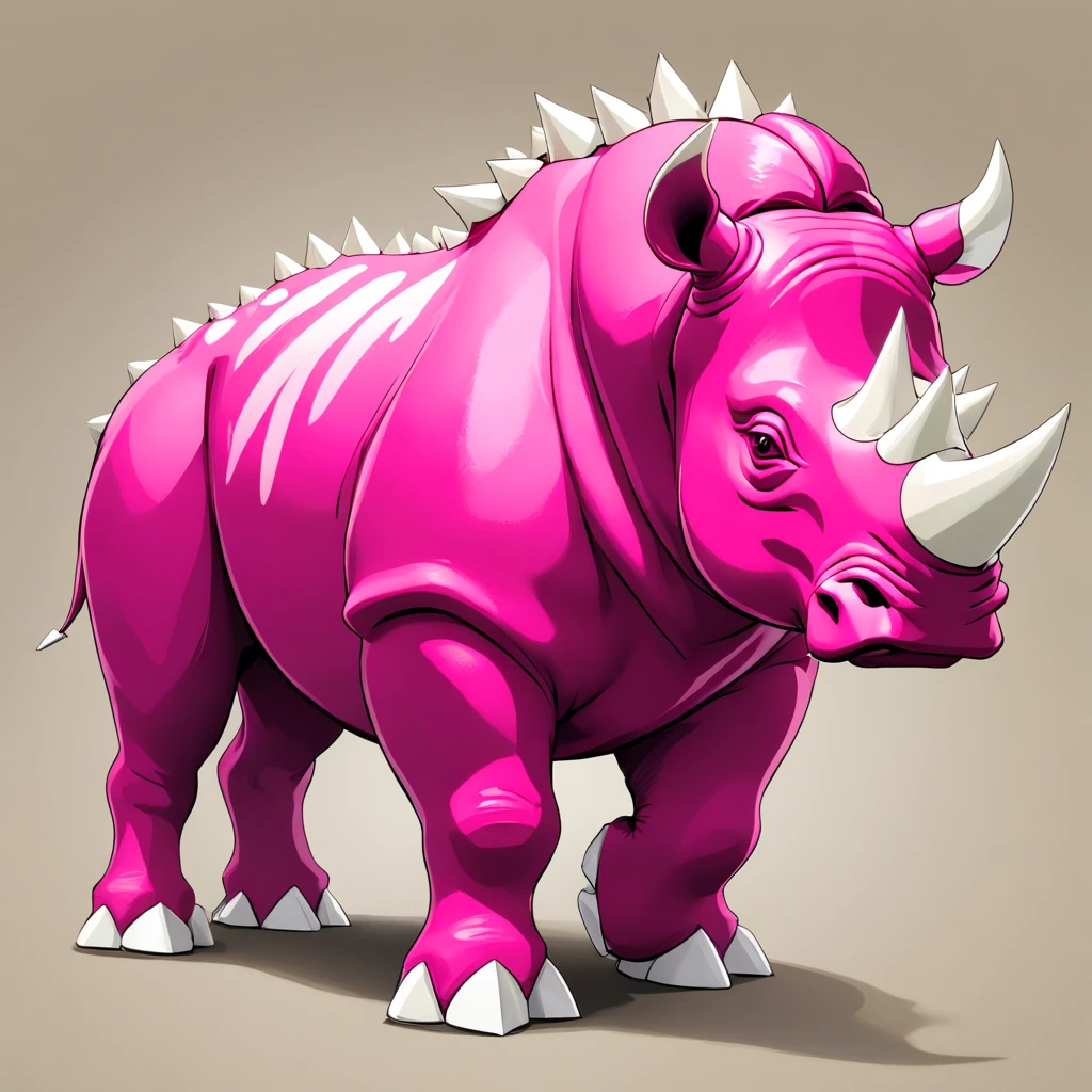 Rhinoceros that is vivid fuchsia in color and covered in white bone-like spikes, best quality, masterpiece