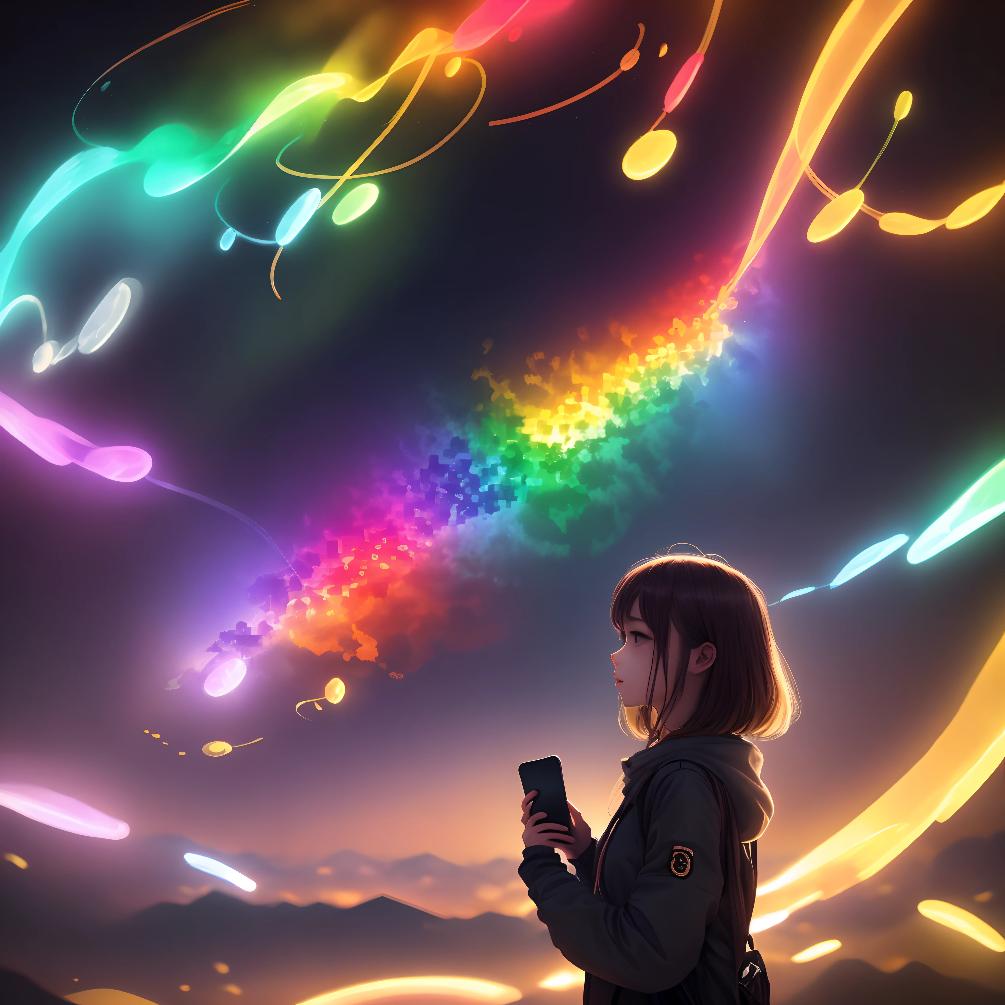 Synesthesia place with lots of light and rainbow colors girl with phone