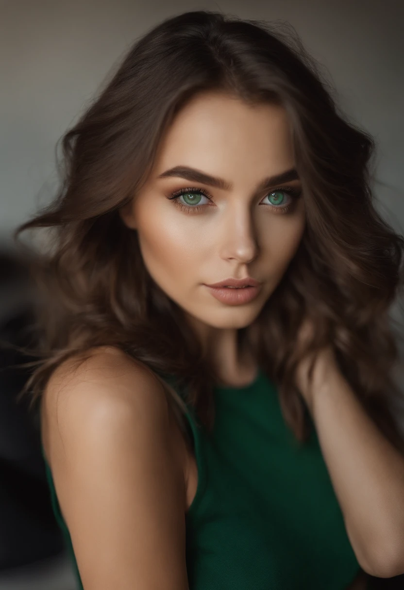 sexy girl with green eyes, portrait sophie mudd, brown hair and large eyes, selfie of a young woman, bedroom eyes, violet myers, without makeup, natural makeup, looking directly at the camera, face with artgram, subtle makeup, stunning full body shot, piercing green eyes, girl in suede boots, skirt and jacket
