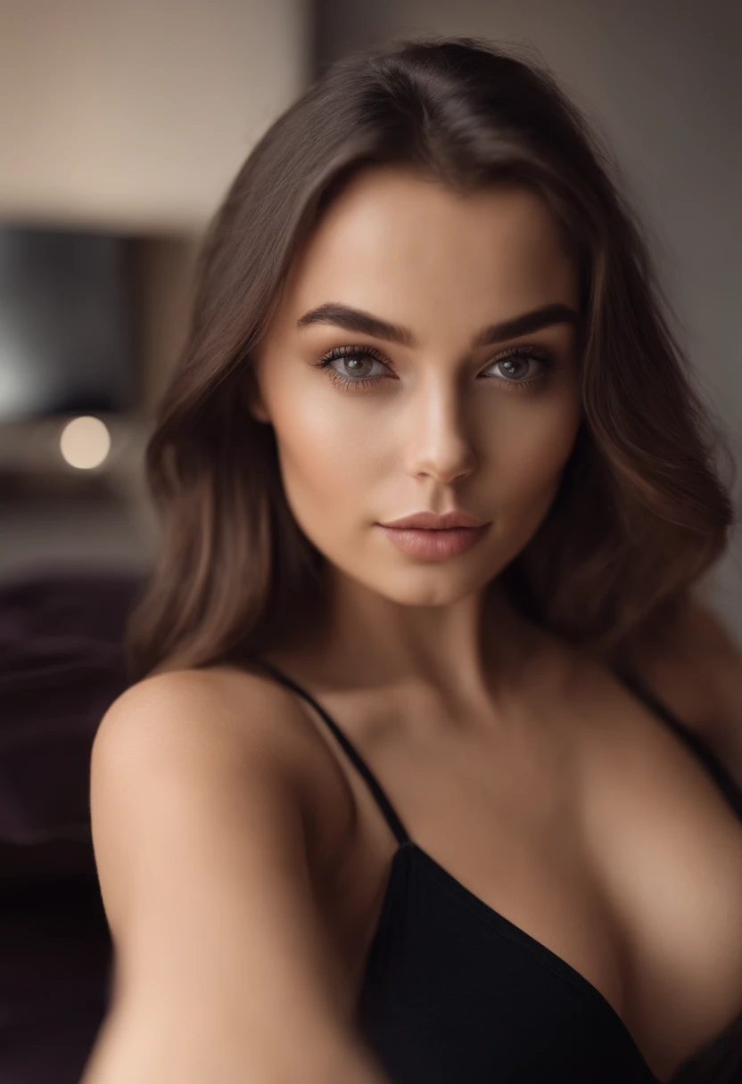 arafed woman with matching tank top and panties, sexy girl with brown eyes, portrait sophie mudd, brown hair and large eyes, selfie of a young woman, bedroom eyes, violet myers, without makeup, natural makeup, looking directly at the camera, face with artgram, subtle makeup, stunning full body shot, in the club, cleavage