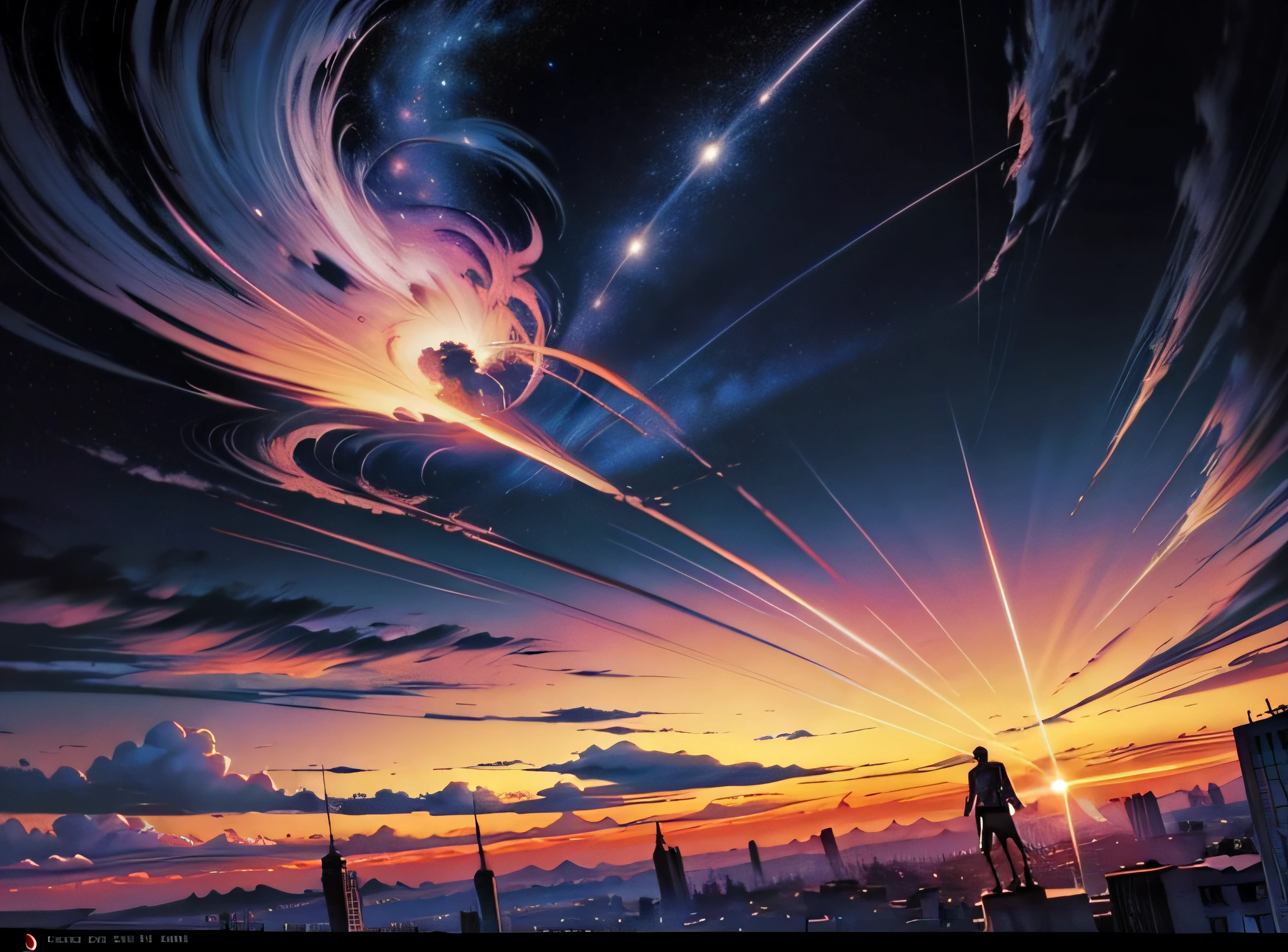 amanecer, cielo con nubes, estilo comic, estilo neal adams, dramatico, epico, linea esilo comic